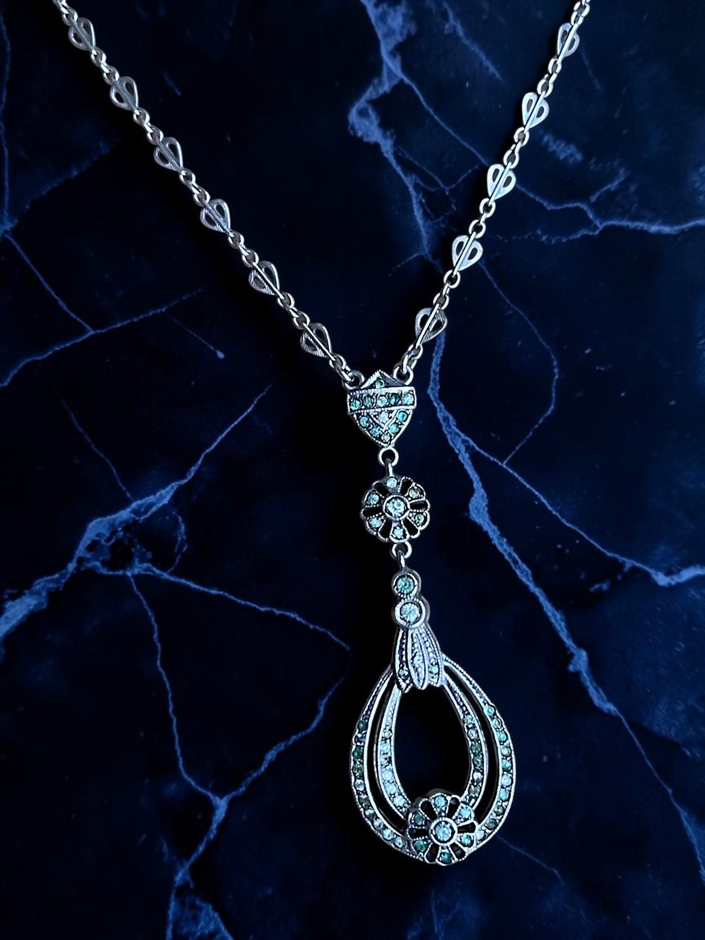 Art Deco Sterling Silver Crystal Floral Drop Y Necklace
