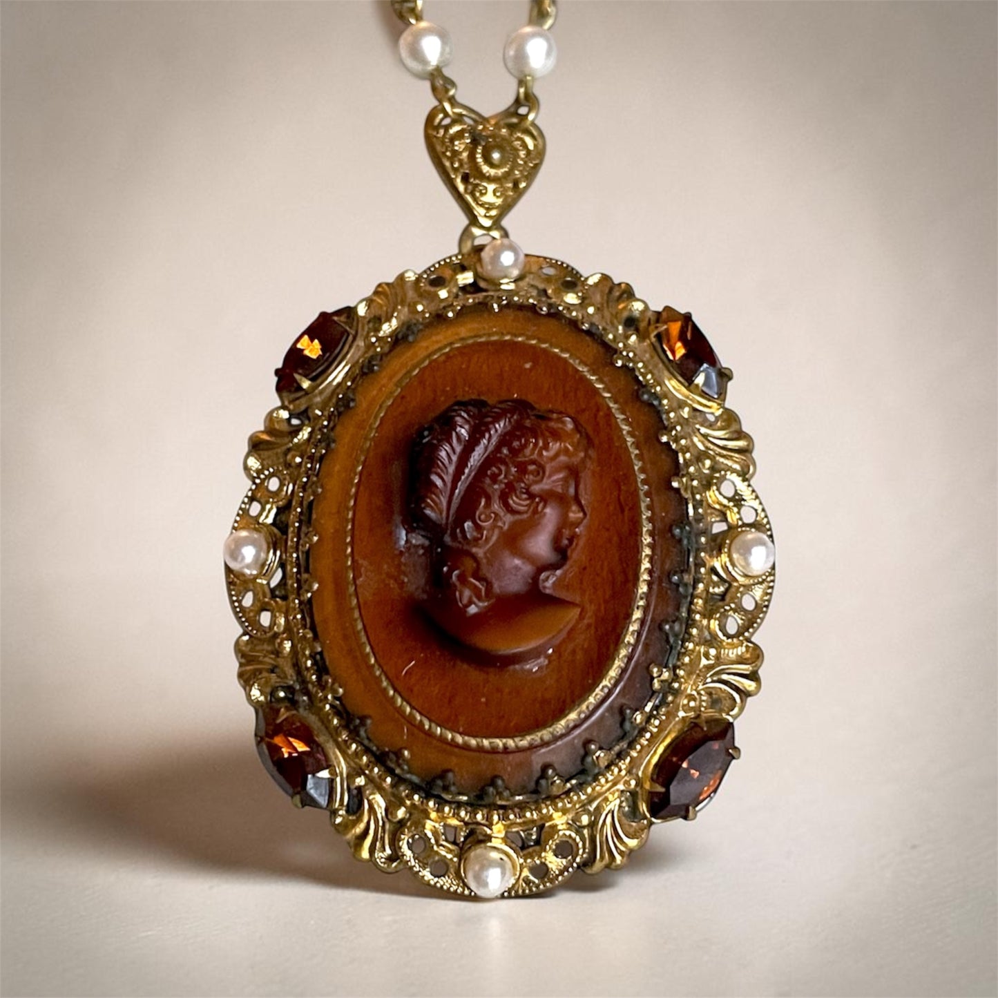 West German Brass Filigree Amber Cameo Crystal & Pearl Necklace