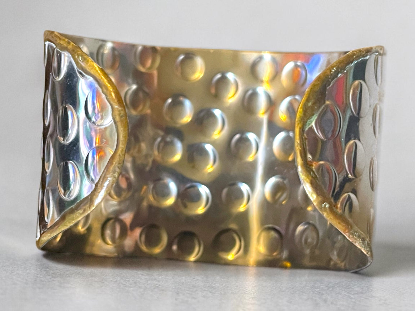 Brutalist Turquoise Art Glass Copper, Brass & Silver Wide Hammered Cuff Bracelet