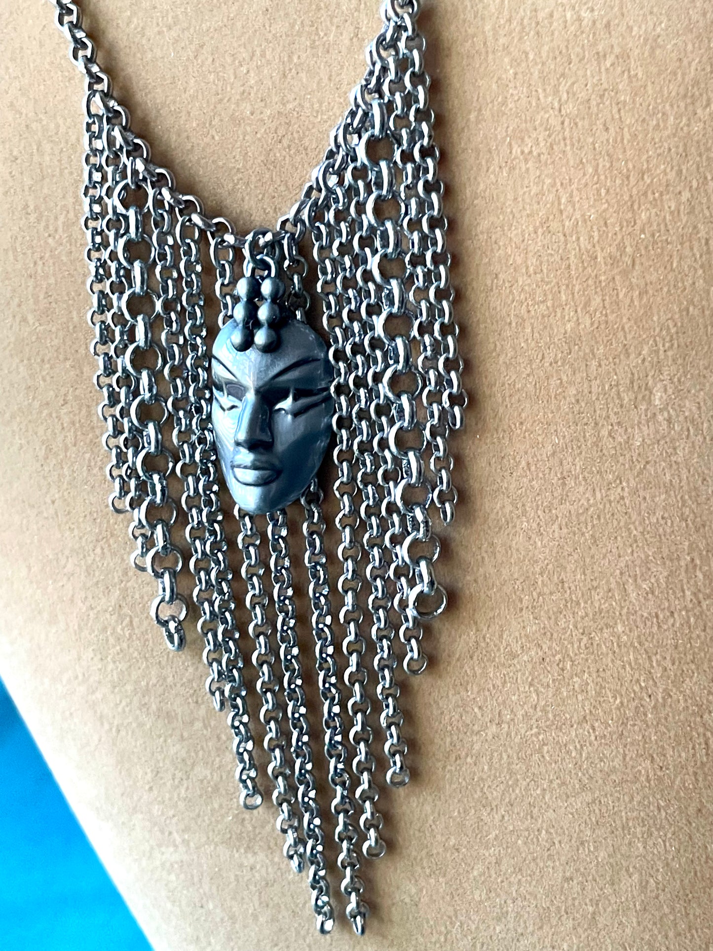 Designer Thierry Mugler Silver Face Fringe Necklace