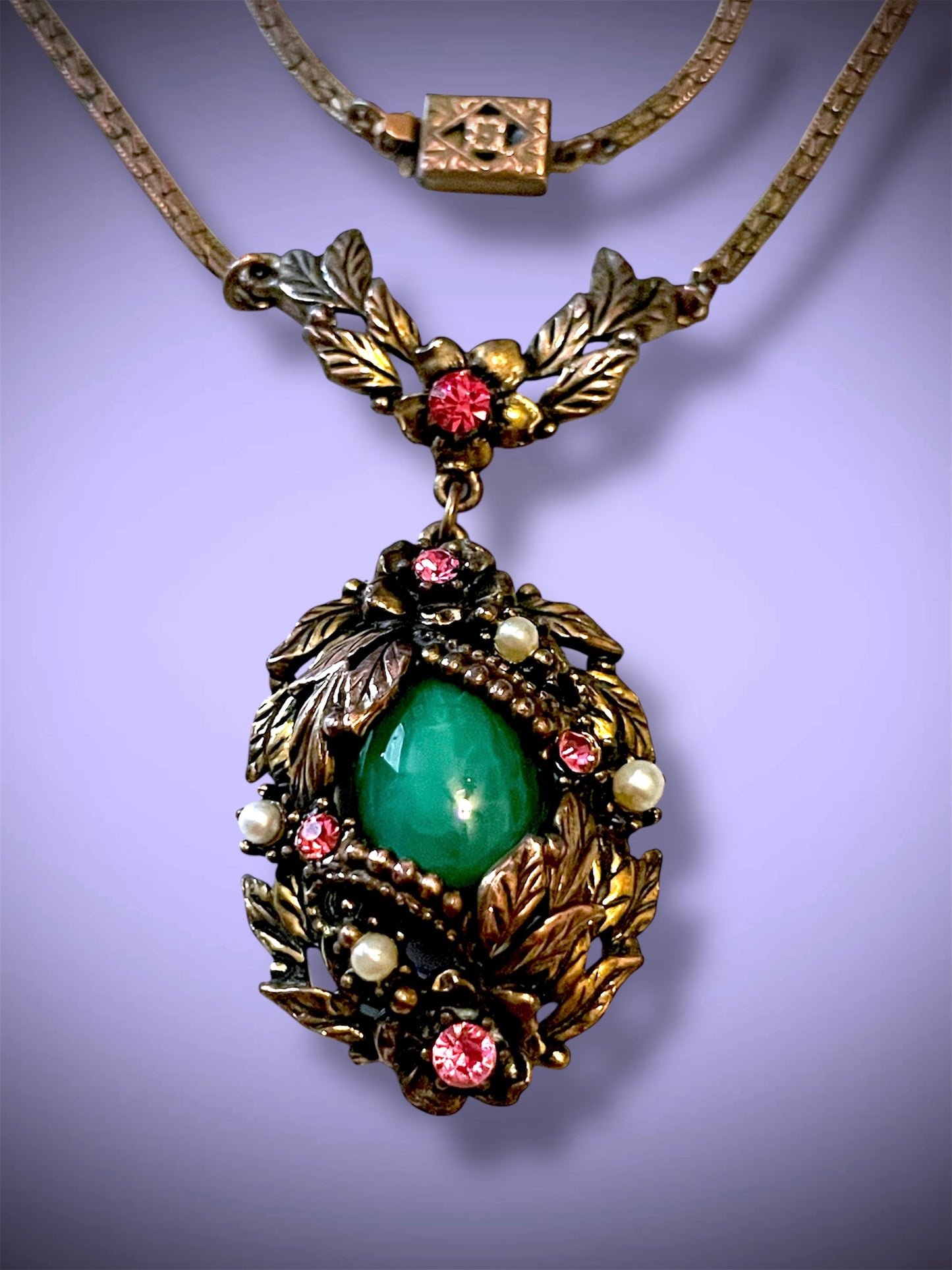 Art Nouveau Brass Green Jade Peking Art Glass Pink Crystal & Pearl Pendant Necklace