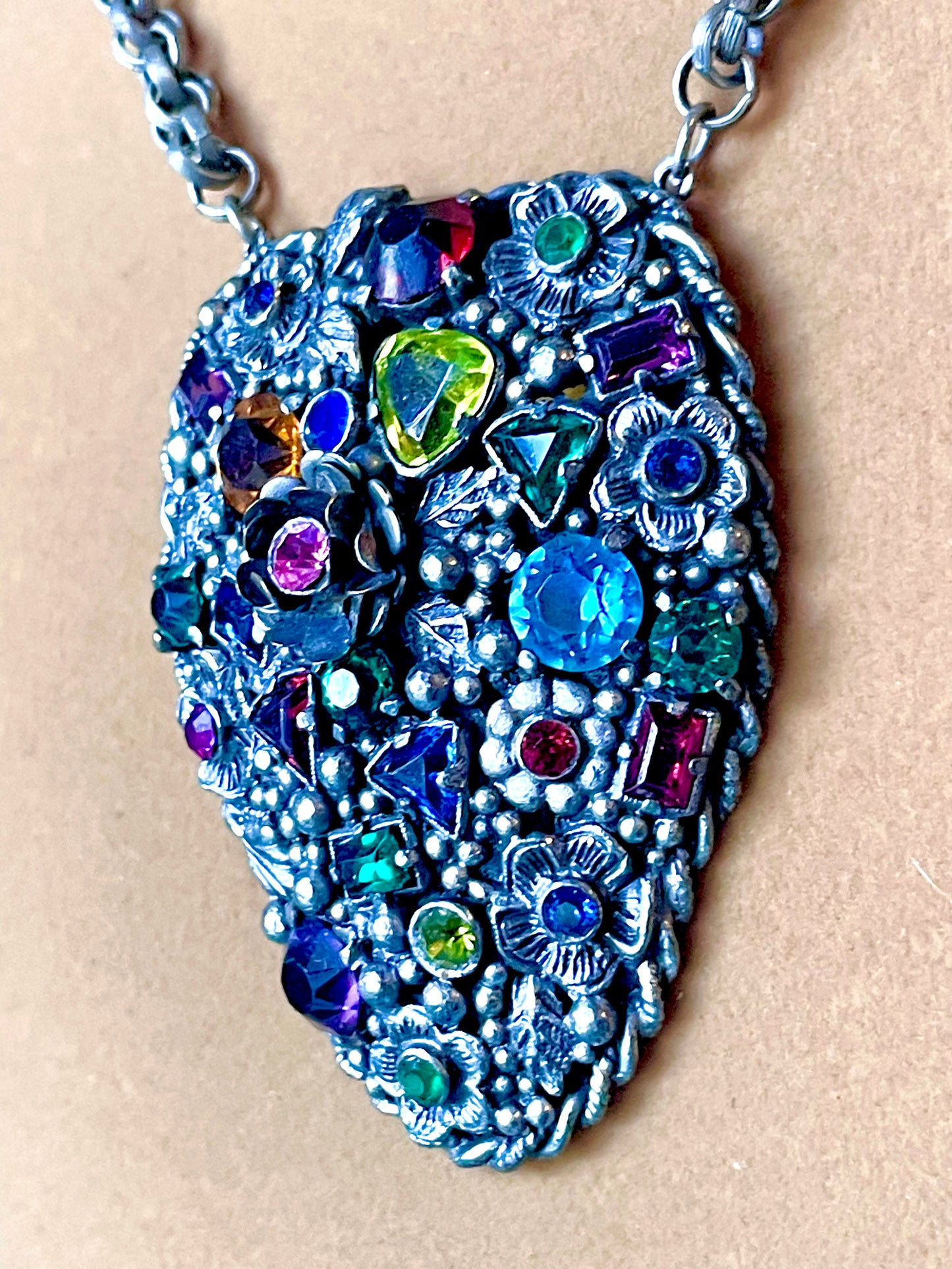 Incredible Fruit Salad Multicolor Rainbow Crystal Floral Art Nouveau Pendant Necklace