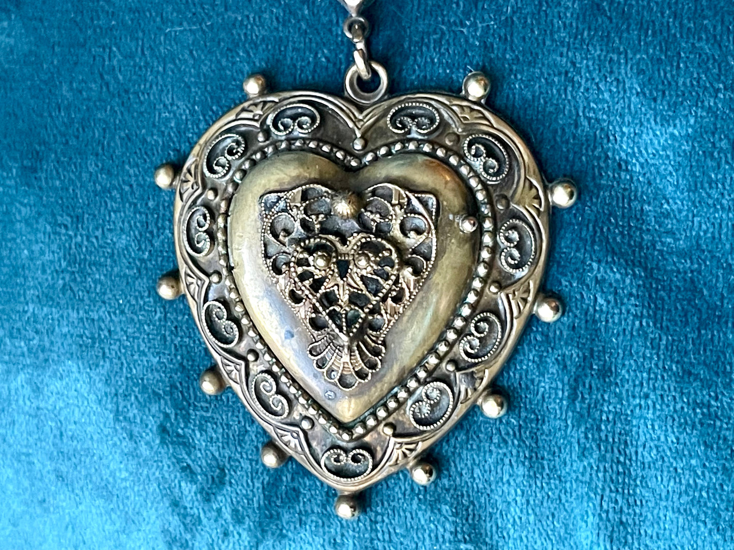 Art Nouveau Brass Filigree Heart Shaped Locket Necklace