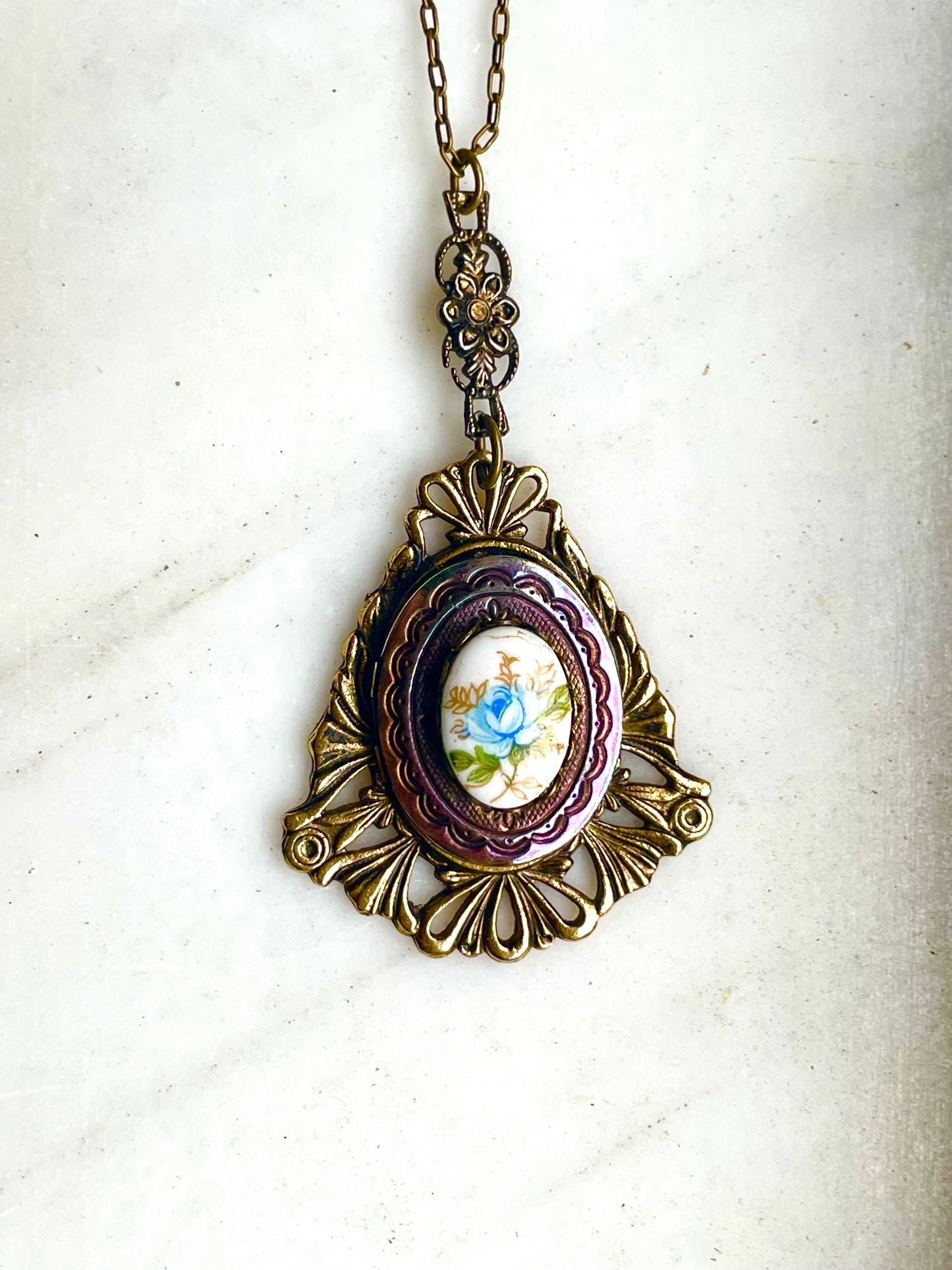 Art Nouveau Brass & Titanium Oxidized Rainbow Metal Porcelain Limogé Blue Rose Locket Necklace