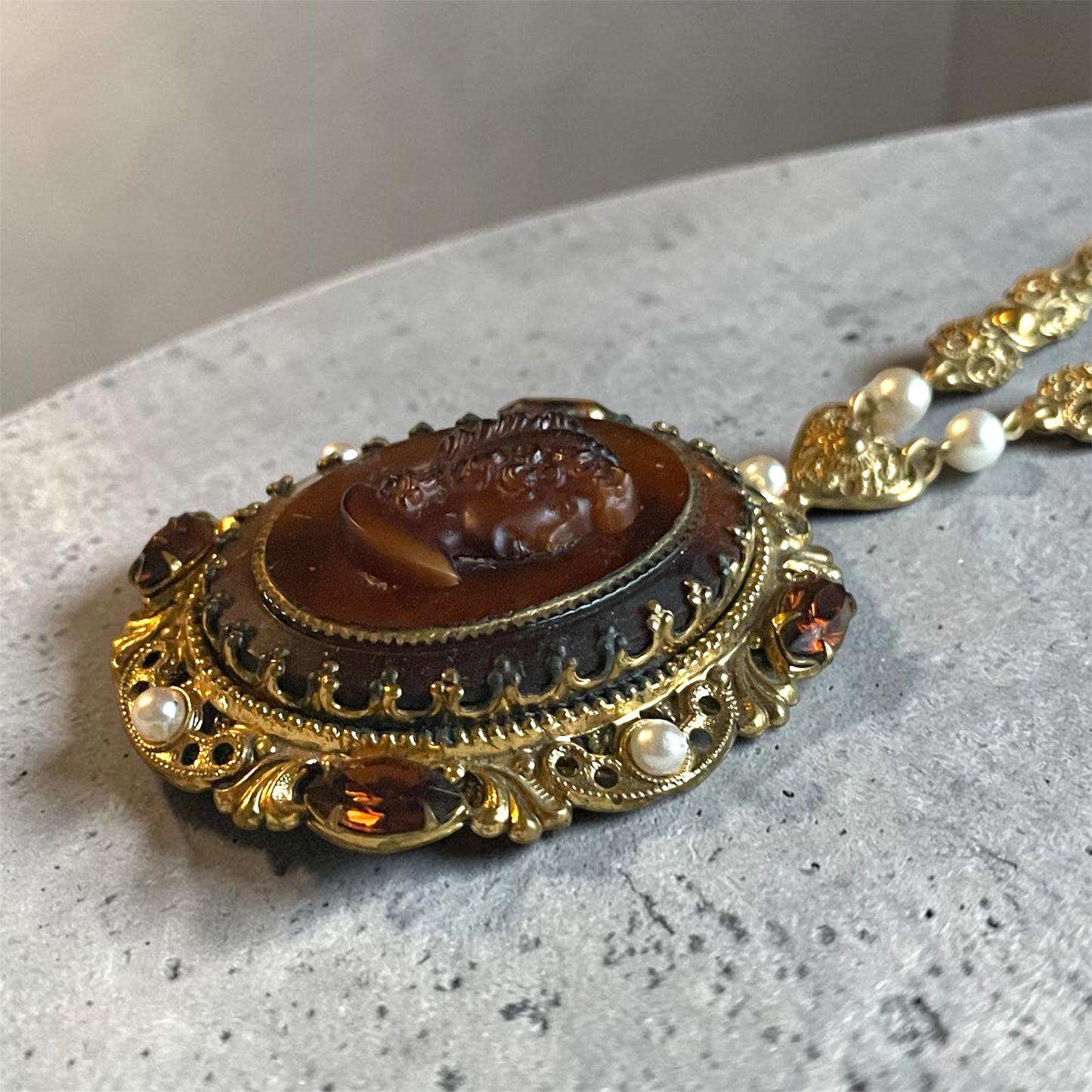 West German Brass Filigree Amber Cameo Crystal & Pearl Necklace