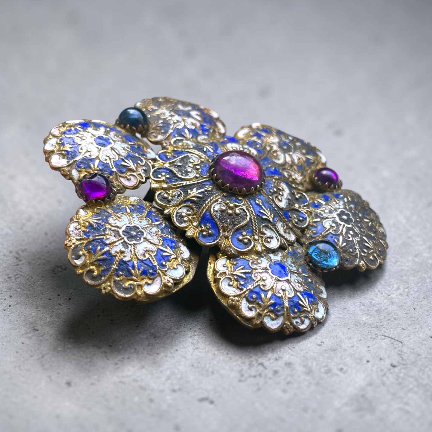 Edwardian/Art Nouveau Czechoslovakian Purple & Blue Art Glass, Cloisonné Enamel Brass Belt Buckle