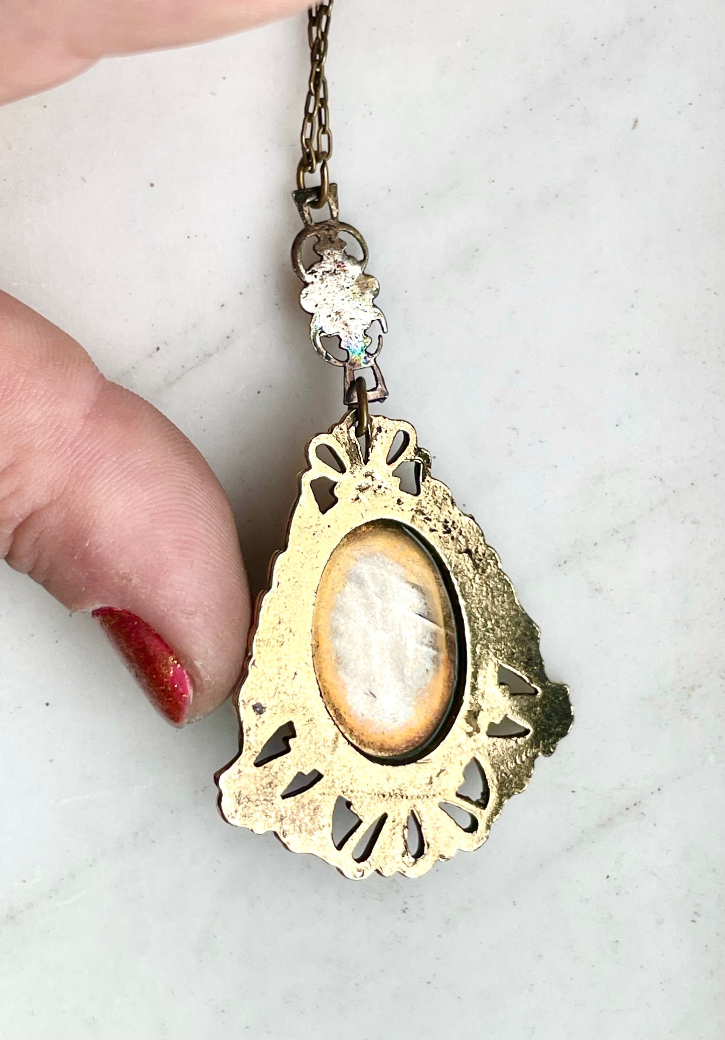 Art Nouveau Brass & Titanium Oxidized Rainbow Metal Porcelain Limogé Blue Rose Locket Necklace