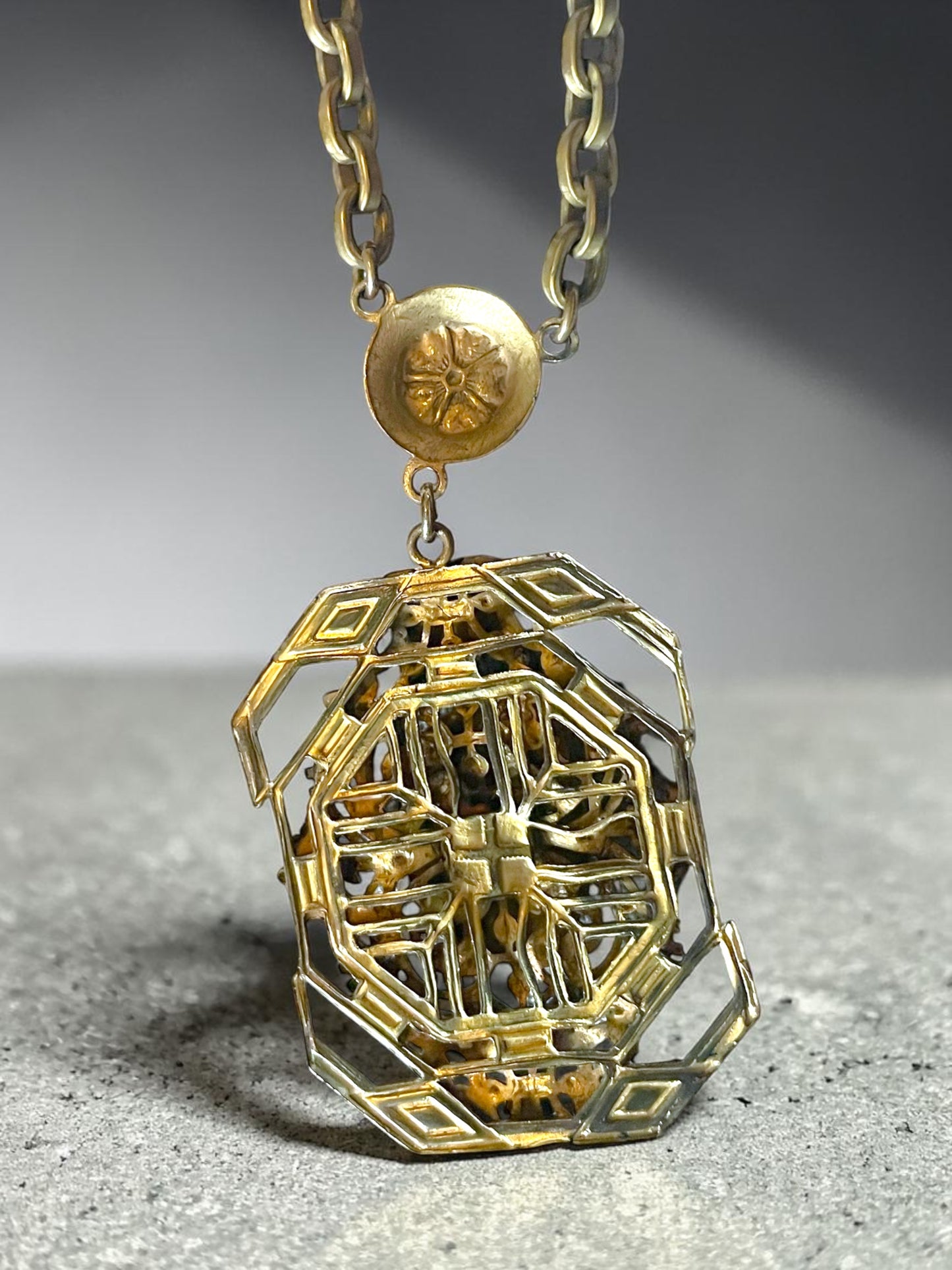 Art Nouveau Czech Brass Filigree Yellow Marbled Art Glass & Guilloché Necklace