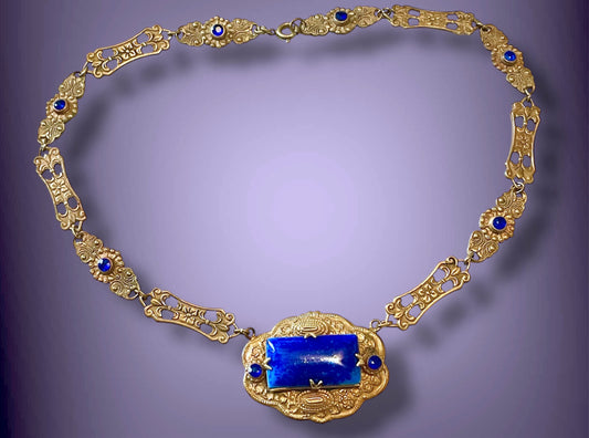 Czechoslovakian Brass Art Nouveau Floral & Flourish Lapis Blue Art Glass & Sapphire Crystal Necklace