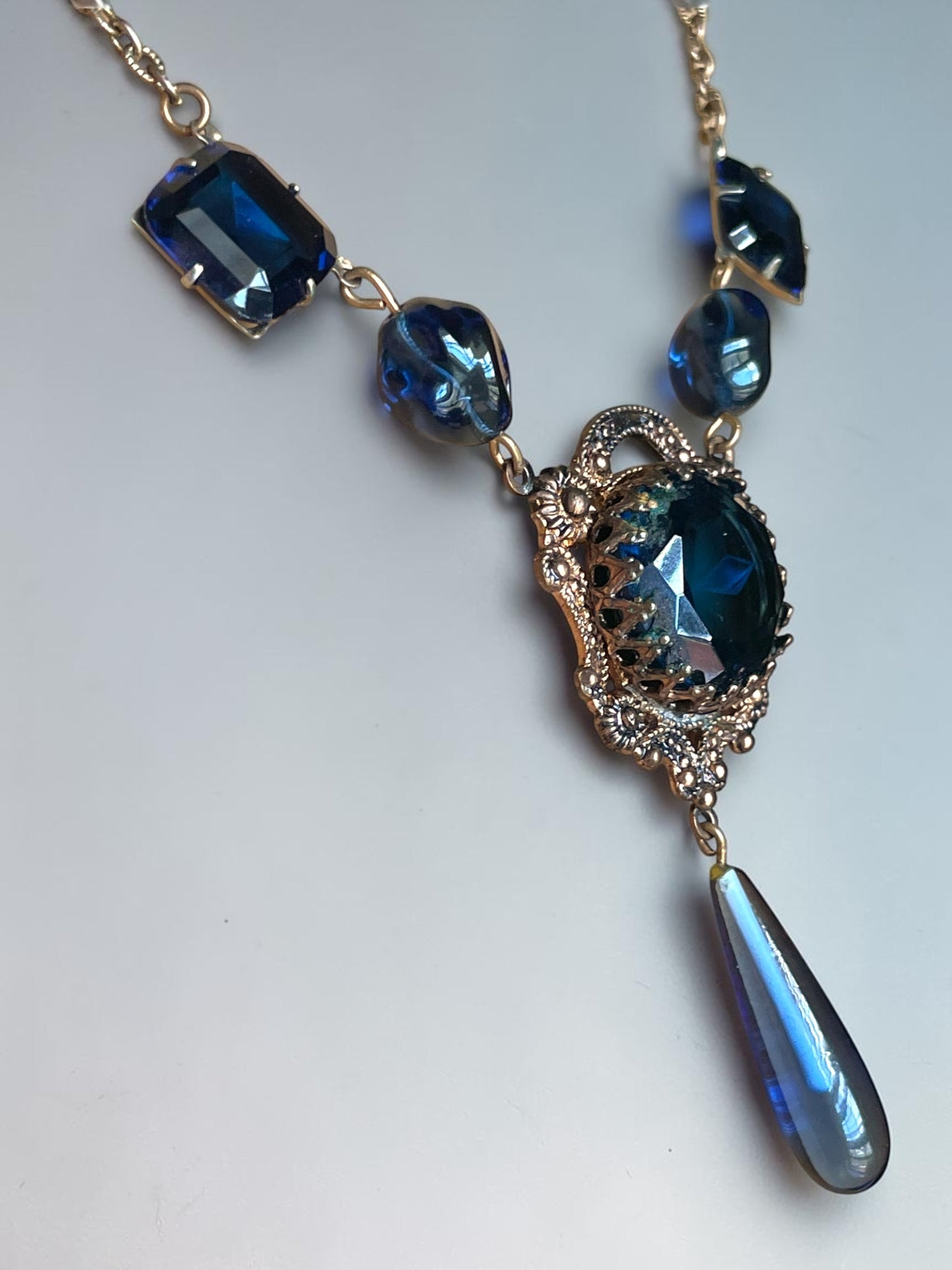 Art Nouveau Saphire Blue Czech Art Glass Brass Filigree Necklace