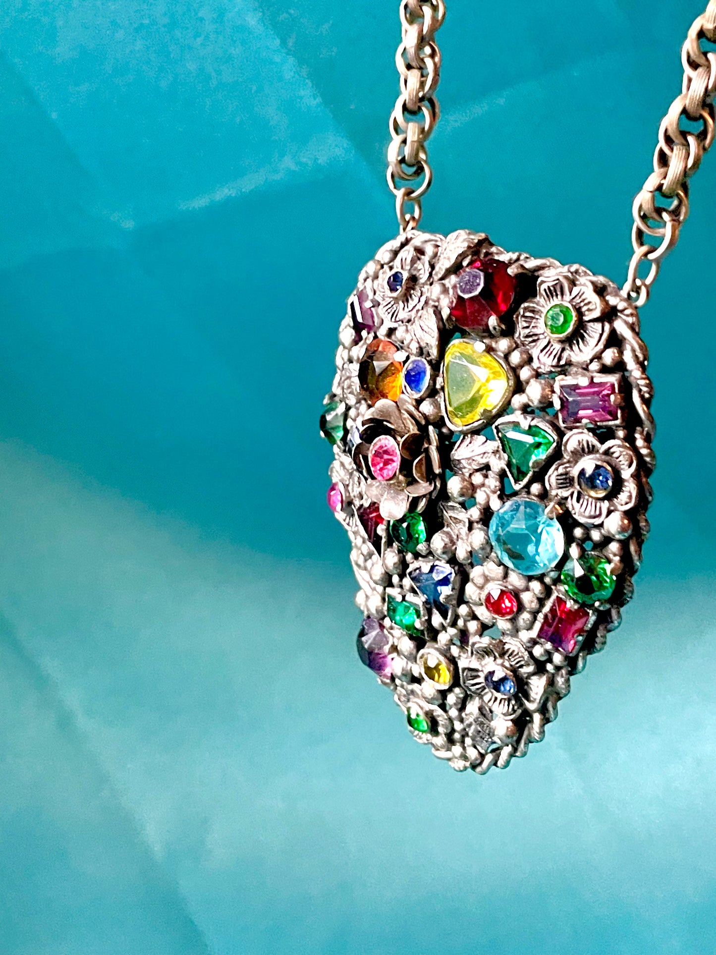 Incredible Fruit Salad Multicolor Rainbow Crystal Floral Art Nouveau Pendant Necklace