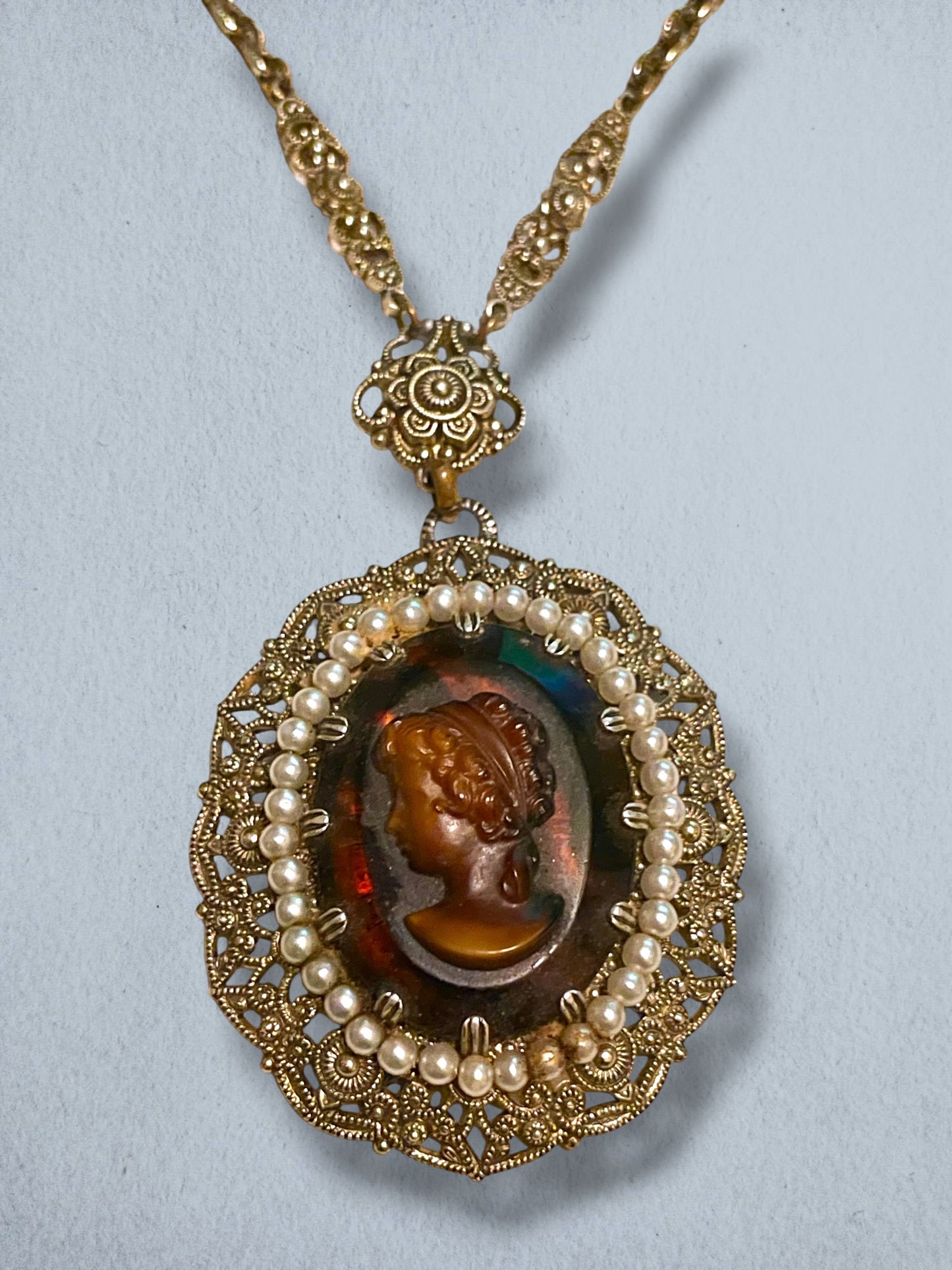 West German Amber Art Glass Cameo, Pearl Brass Filigree Necklace