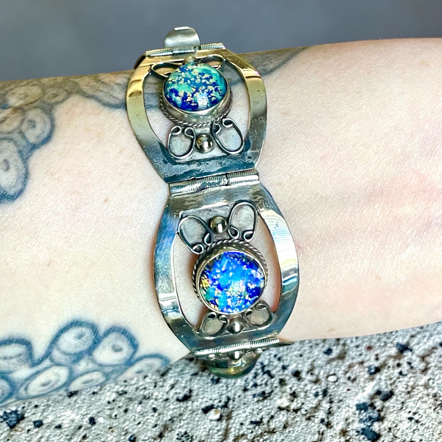 Sterling Silver Blue Green Dragons Breath Fire Opal Taxco Mexico Panel Bracelet