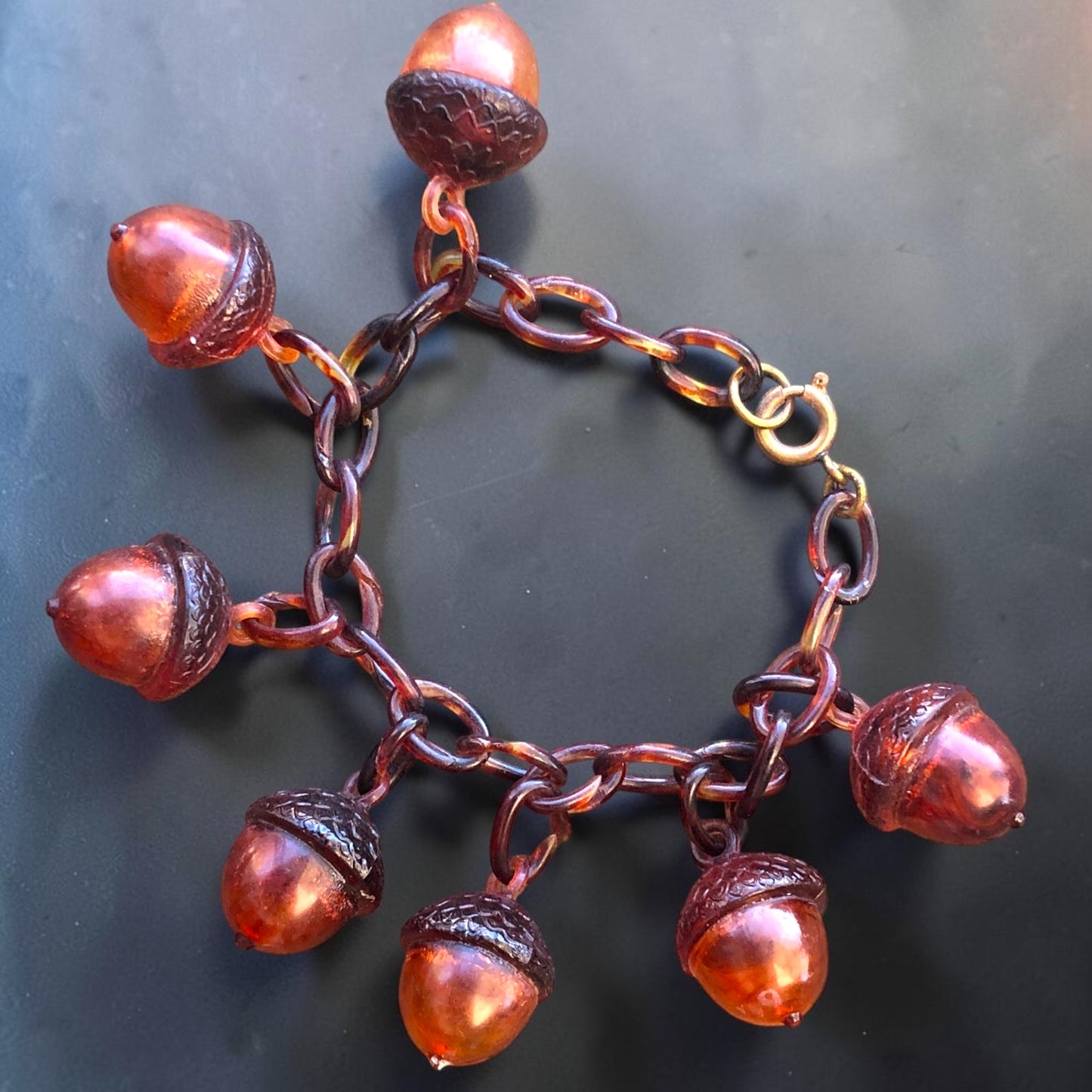 Antique Art Nouveau Early Plastic Hollow Tortoise Shell Acorn Charm Bracelet