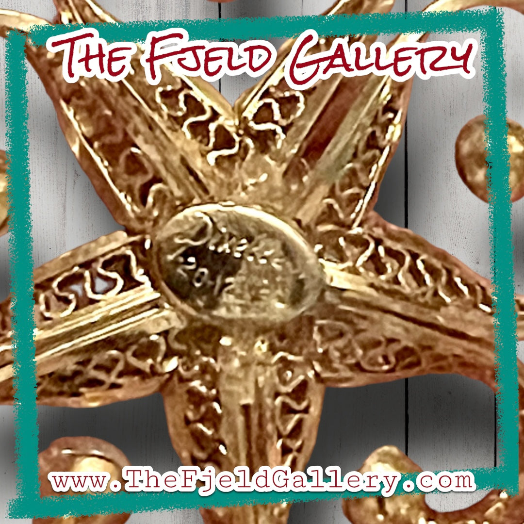 Vintage Dixelle Designer 12k Gold Filled Filigree Flower Brooch Pin with Pearls & Black Crystal