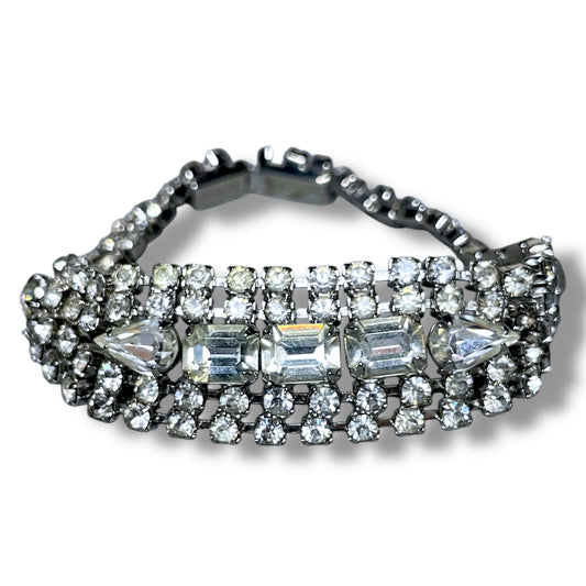 Mid Century Modern Hollywood Regency Clear Crystal Rhinestone Prong Set Bracelet