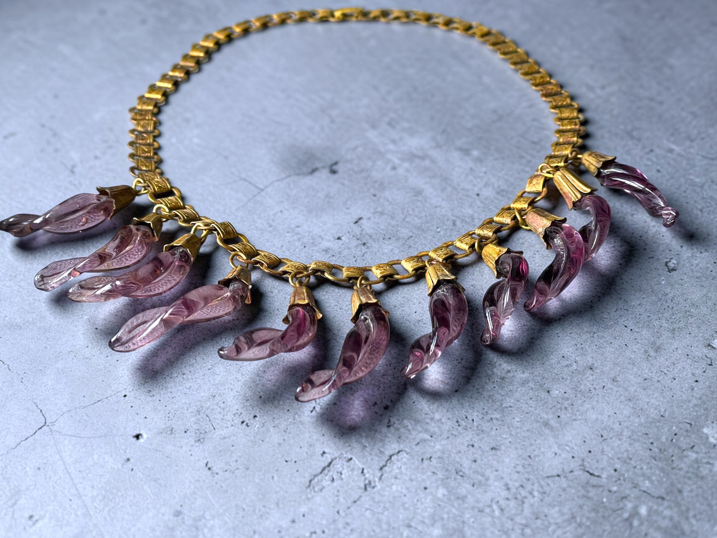 Victorian Book-link Chain Purple Twisted Eggplant Czech Art Glass Festoon Bib Necklace