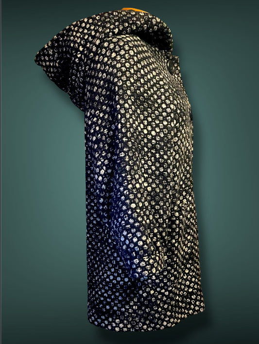 Vintage Mod Wool Black & White Polkadot A Line Jacket with Hood, & Pockets