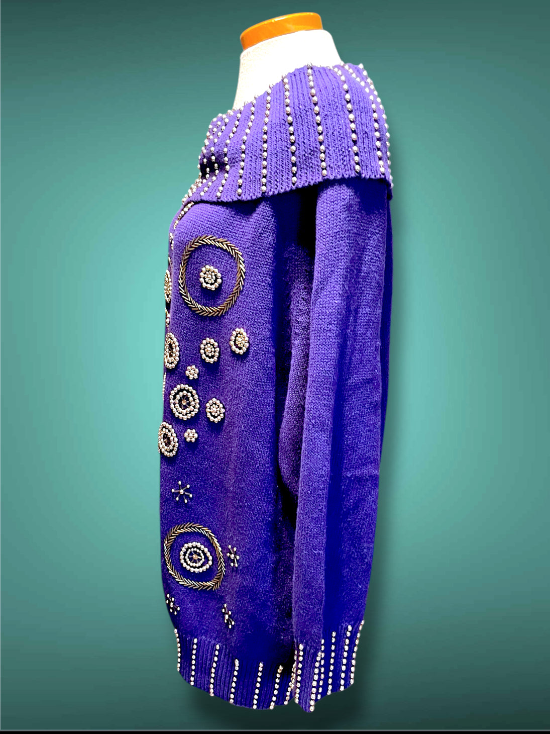 Vintage 1980’s Purple Oversized Boat Neck Sweater with Gold Bead Detail Design