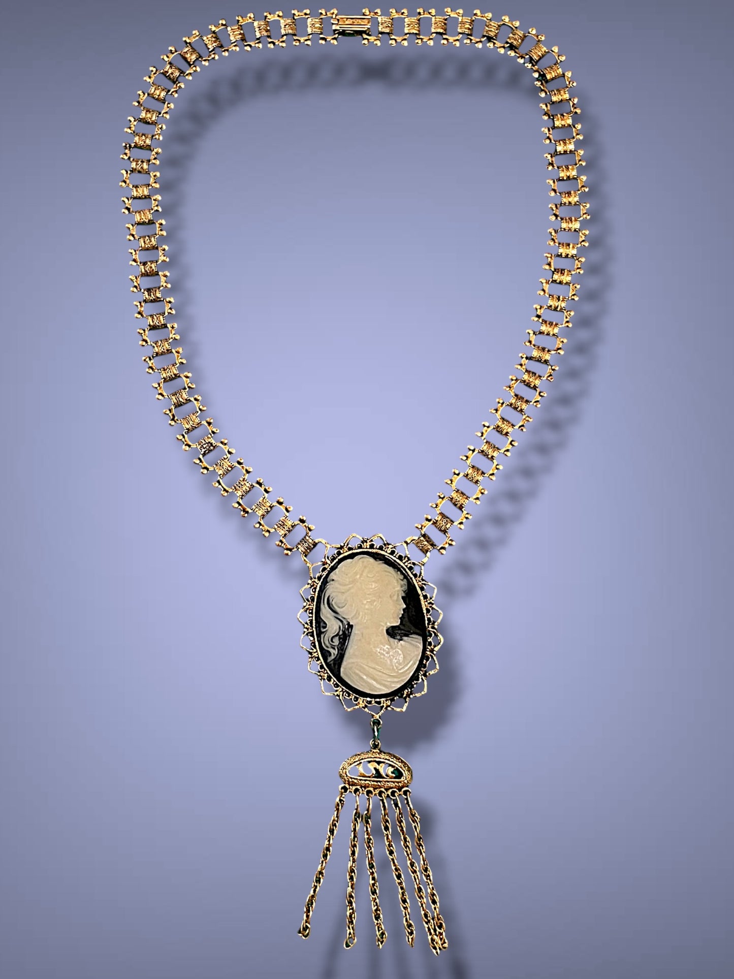 Victorian Gold Book Link Chain Black & Cream Mourning Cameo Designer Signed Necklace