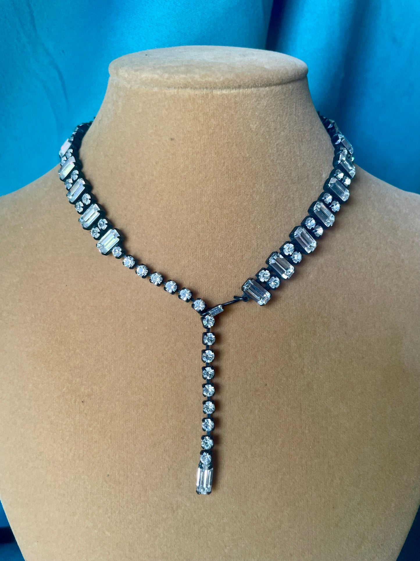 Prong Set Vintage Crystal Black Gunmetal Patina Bridal Choker Necklace