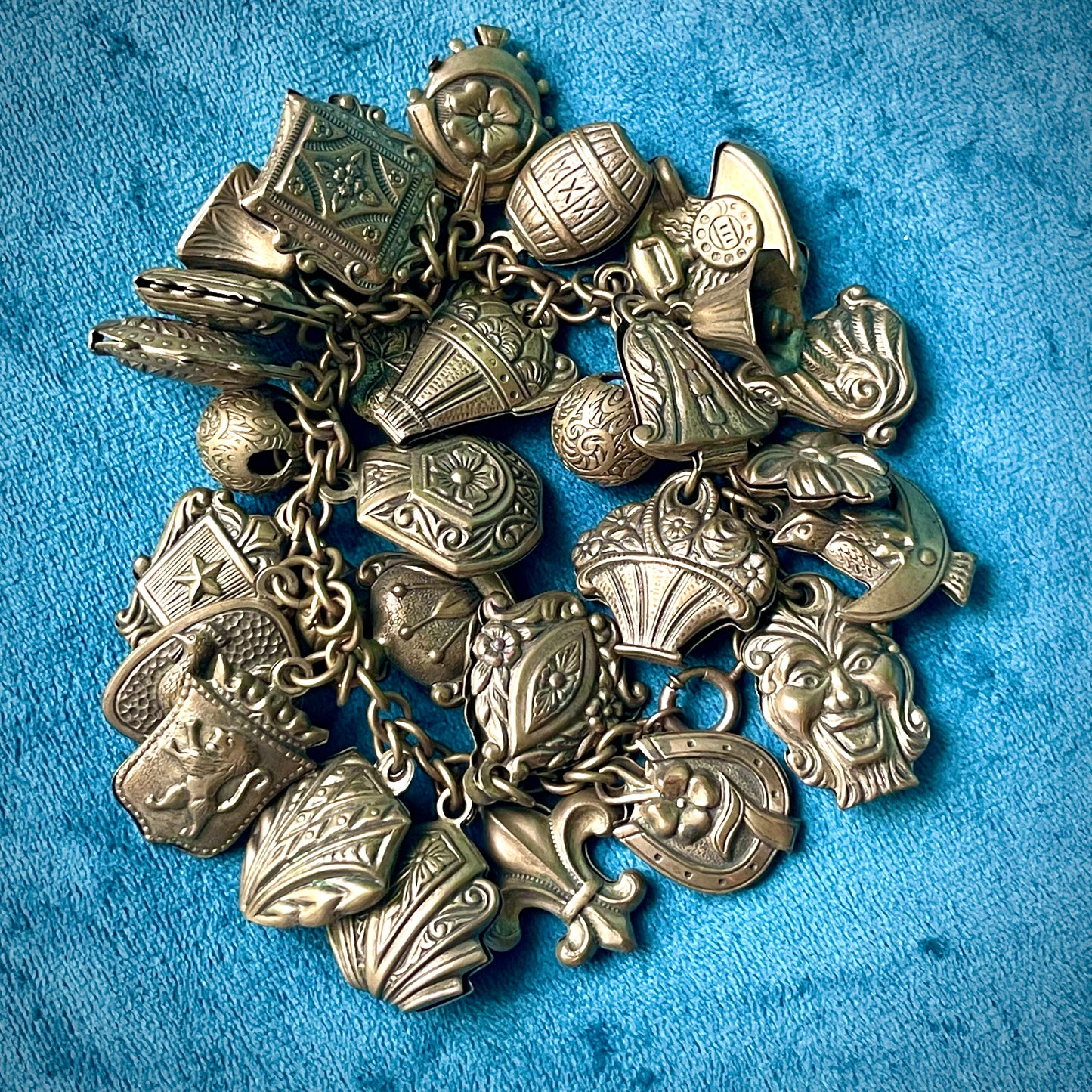 Amazing Art Nouveau Brass Puffy Charm Bracelet: Faces, Moon, Owl, Lucky 7, Bells, Flower & more!