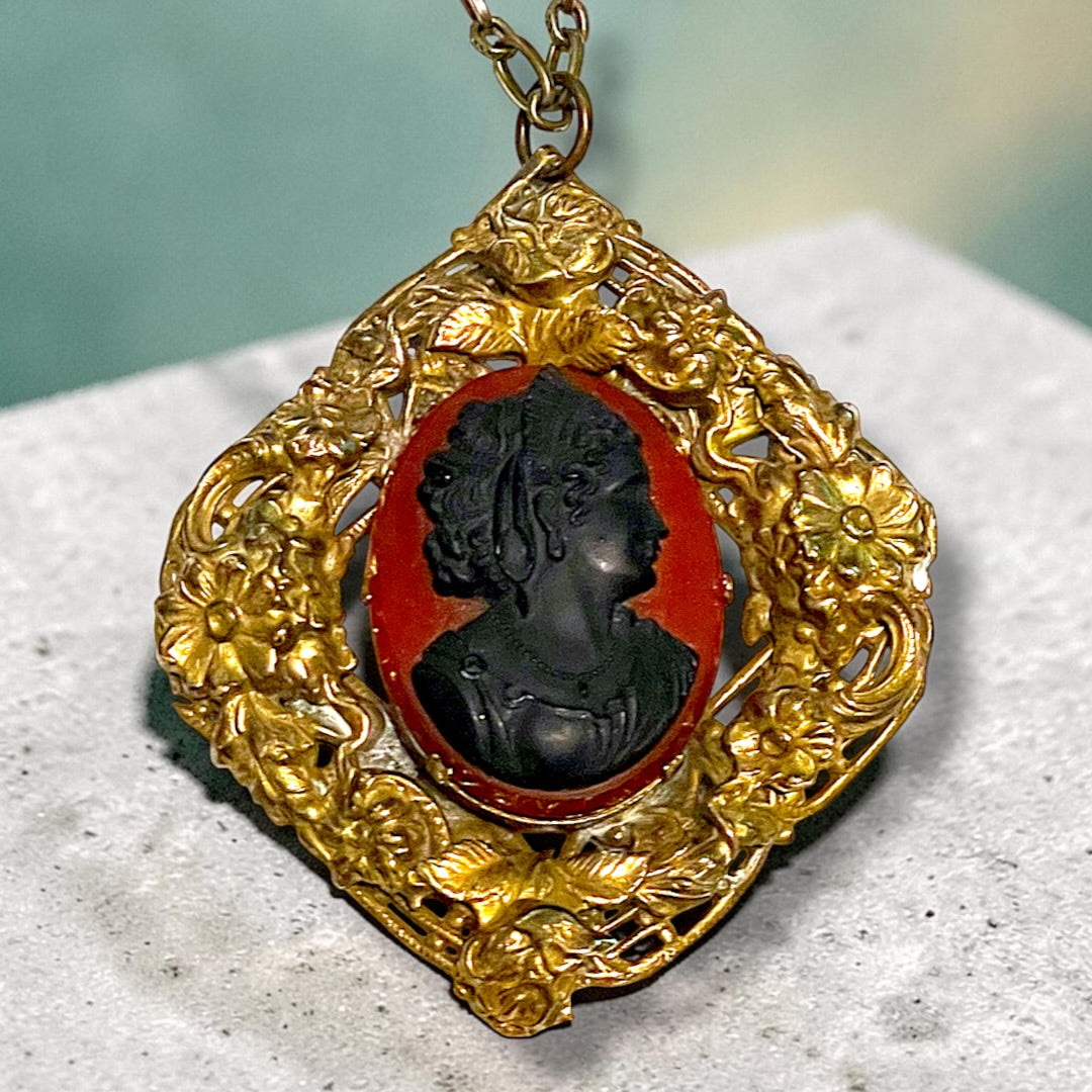 Huge Red & Black Art Glass Cameo Gilded Brass Repoussé Art Nouveau Floral Frame Pendant Necklace