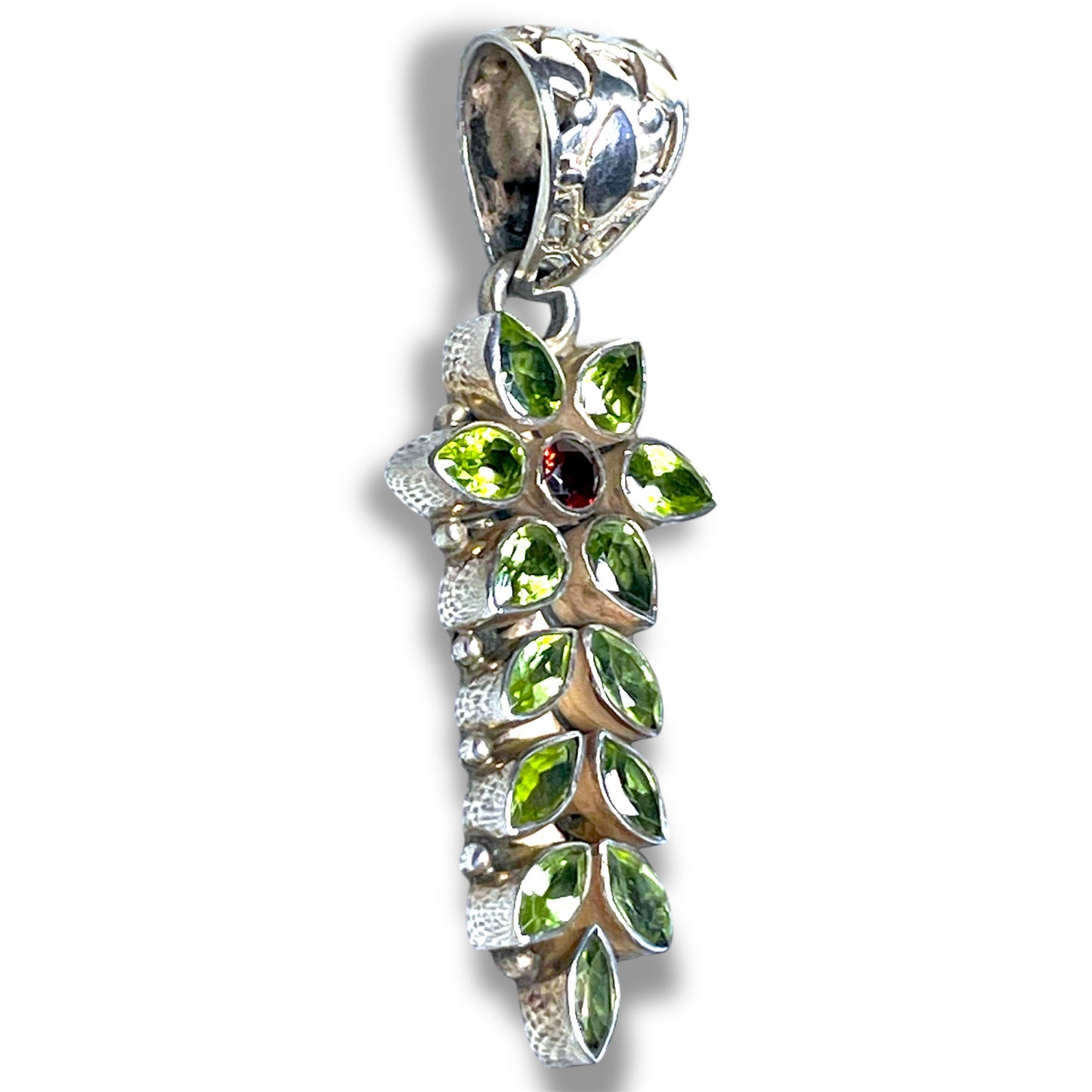 Peridot & Garnet Sterling Silver Flower Necklace Pendant