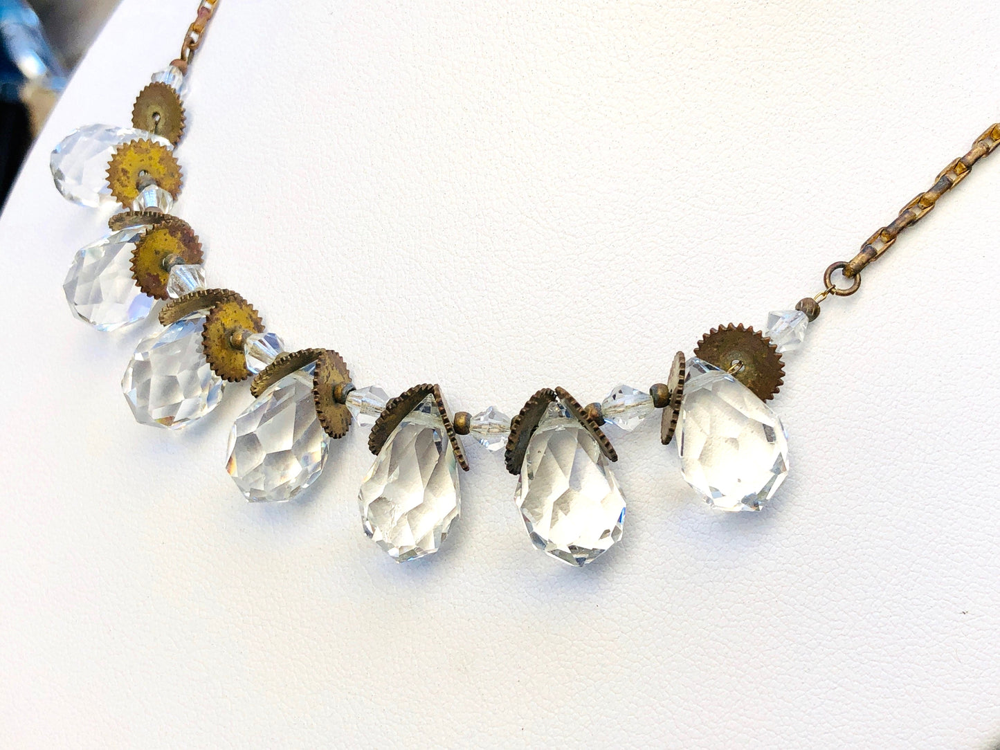 Antique Victorian Faceted Quartz Gemstone Briolette Teardrop & Brass Sawblade Festoon Necklace