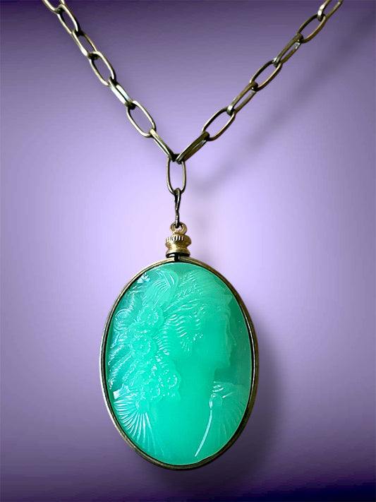 Art Deco Green Vaseline Uranium Art Glass Cameo Geometric Brass Chain Pendant Necklace
