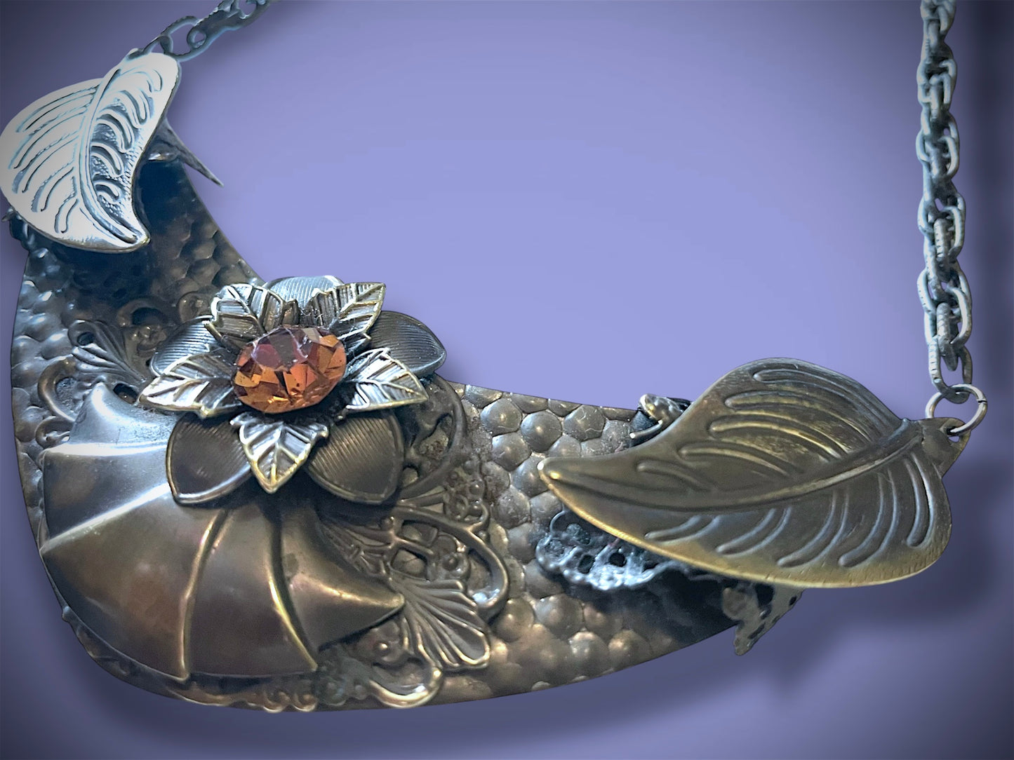 Art Nouveau Hand Hammered Brass & Citrine Crystal Chevron Choker Necklace