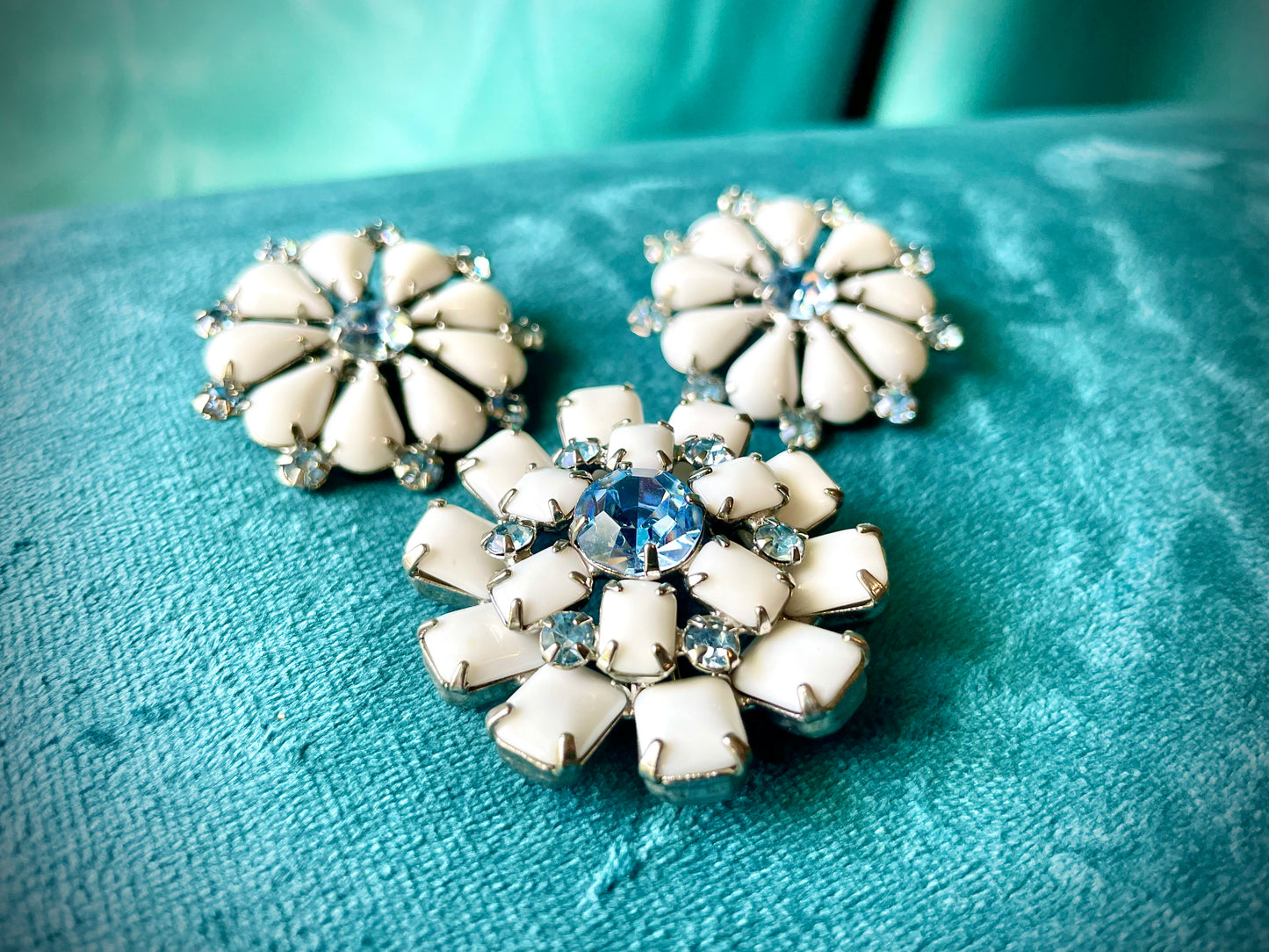 Milk Glass & Blue Topaz Crystal Prong Set Brooch & Earrings Set