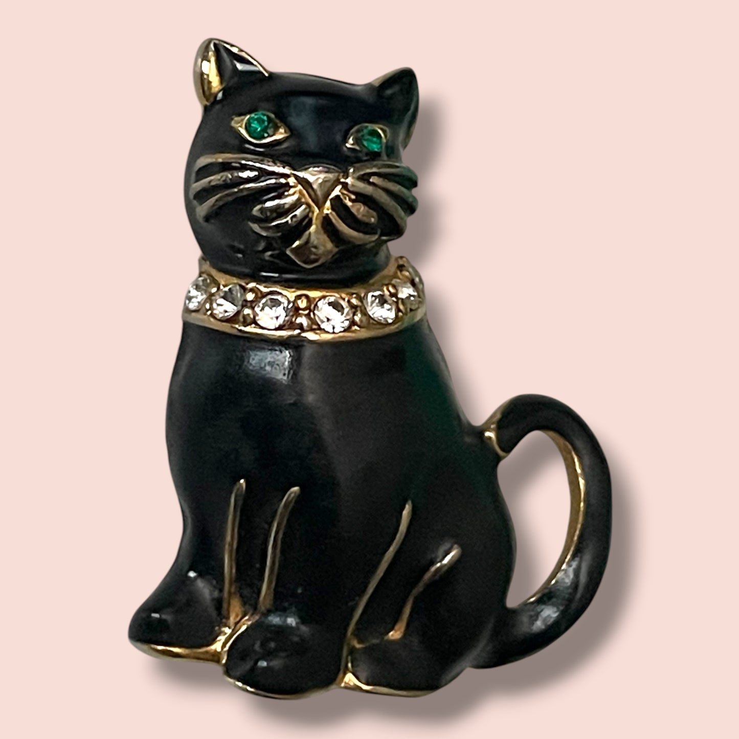 Adorable Vintage Black Cat Brooch with Green Crystal Eyes & Collar