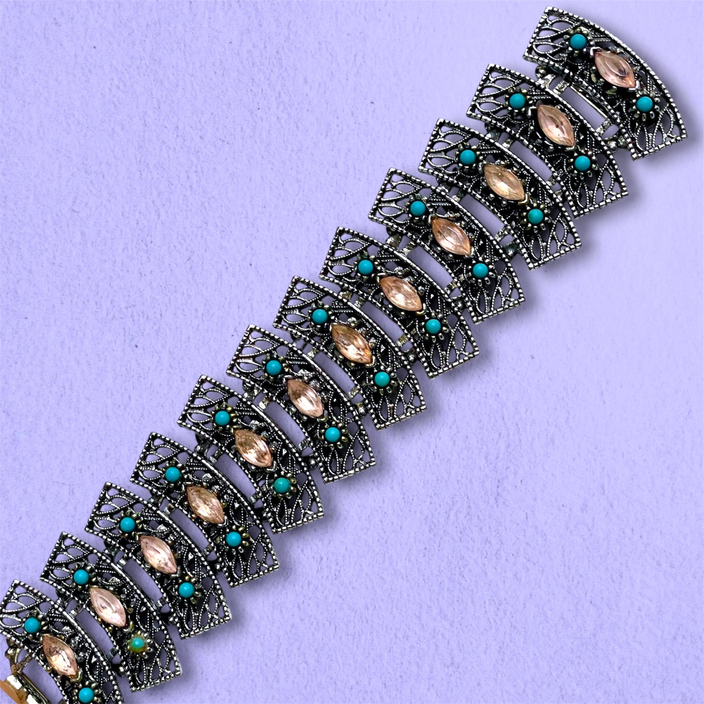 Victorian Booklink Chain Silver Filigree Openwork Pink Crystal & Turquoise Art Glass Panel Bracelet