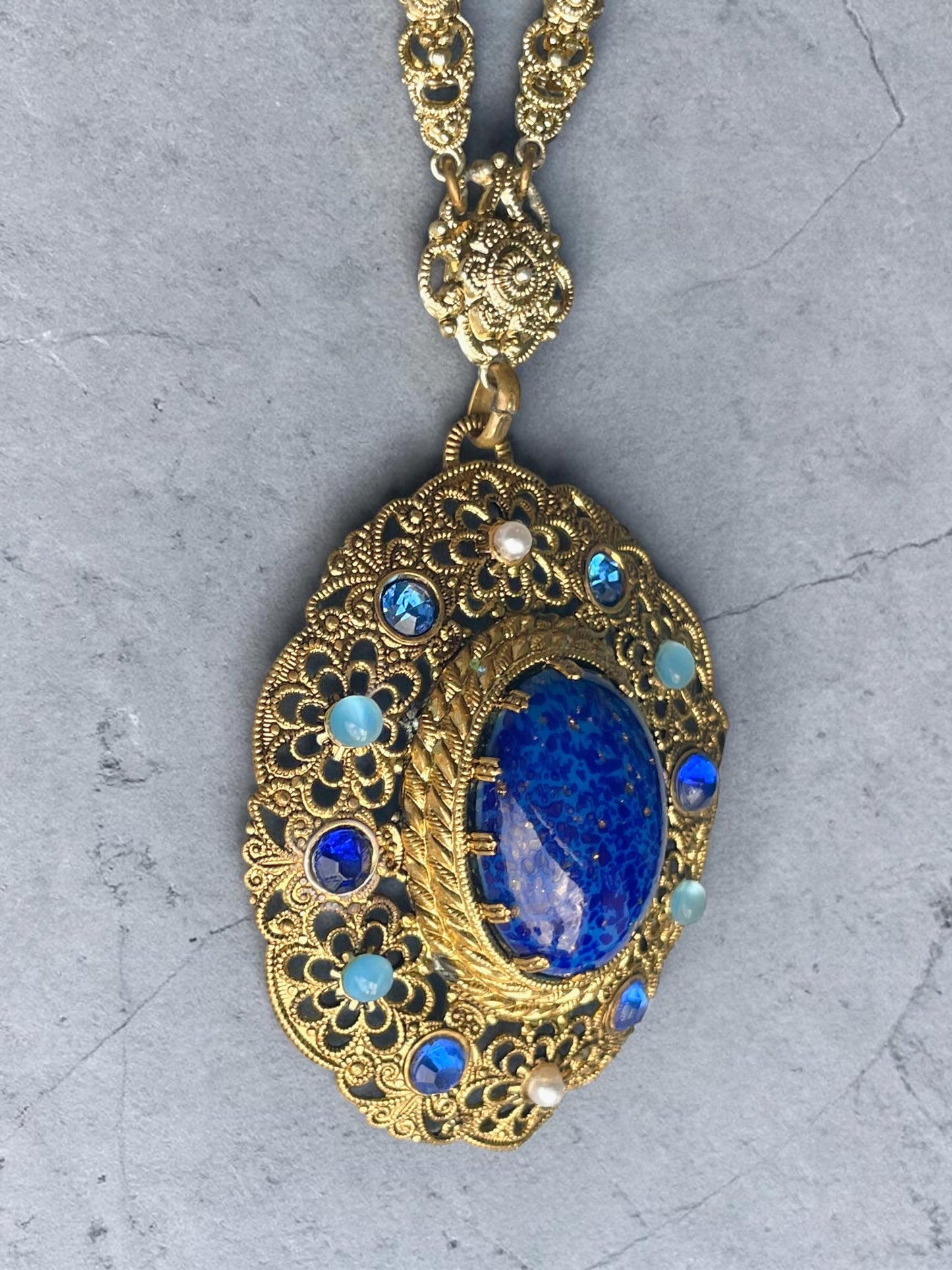 1940’s West German Gilded Brass Filigree Lapis Blue, Cats Eye Art Glass & Pearl Necklace