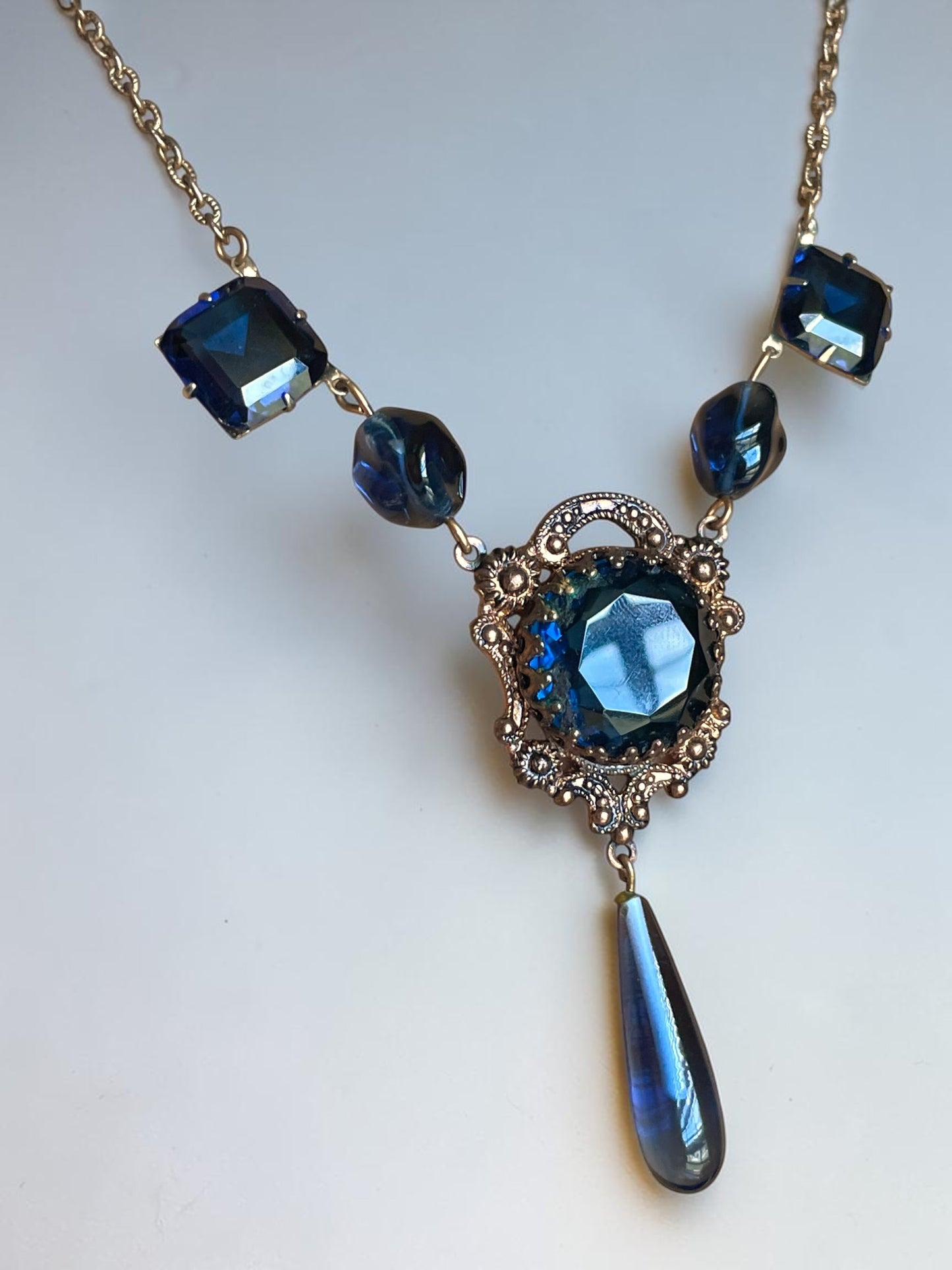 Art Nouveau Saphire Blue Czech Art Glass Brass Filigree Necklace