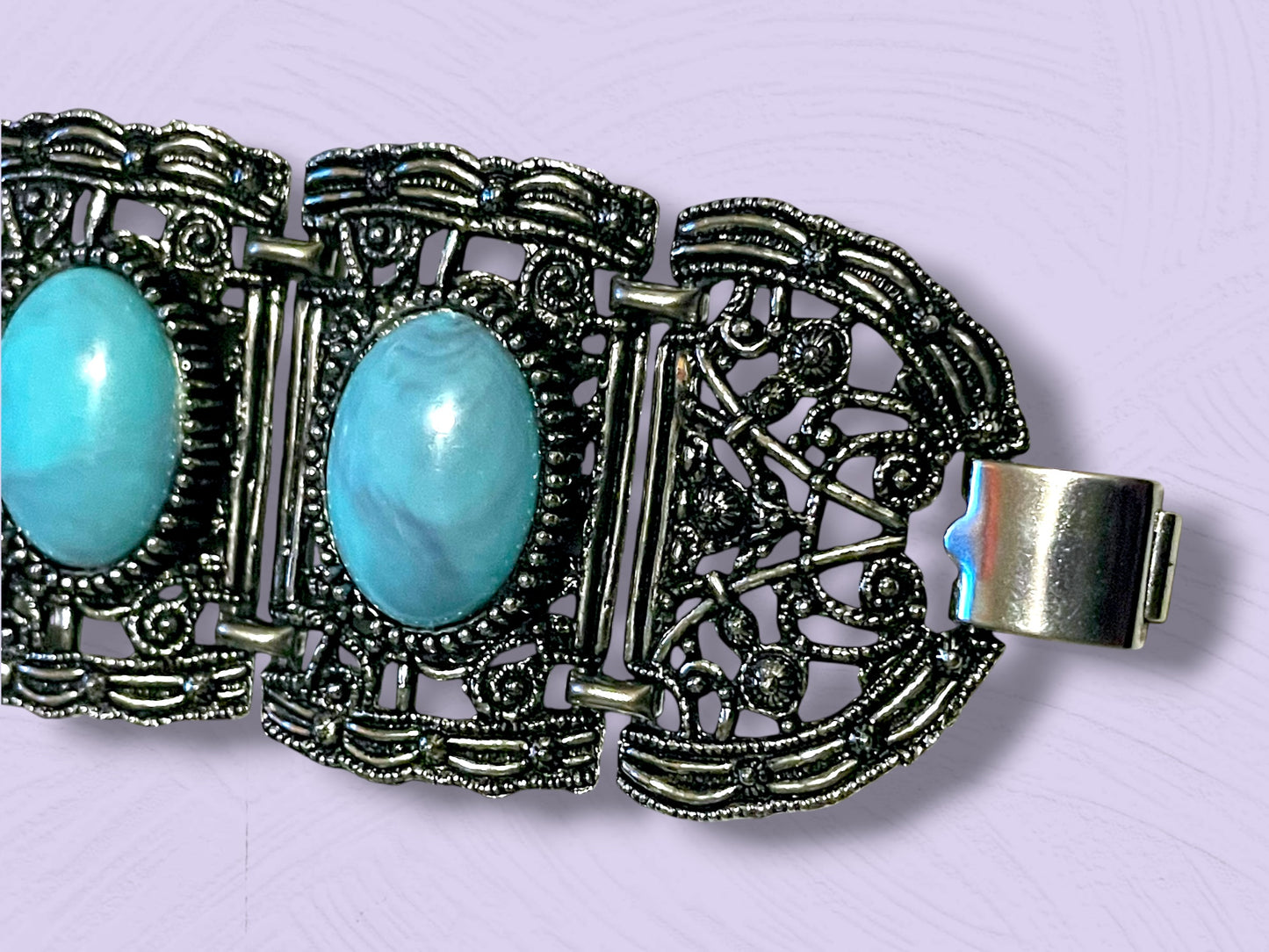 Vintage Chunky Silver Filigree Thermoset Faux Turquoise Panel Bracelet