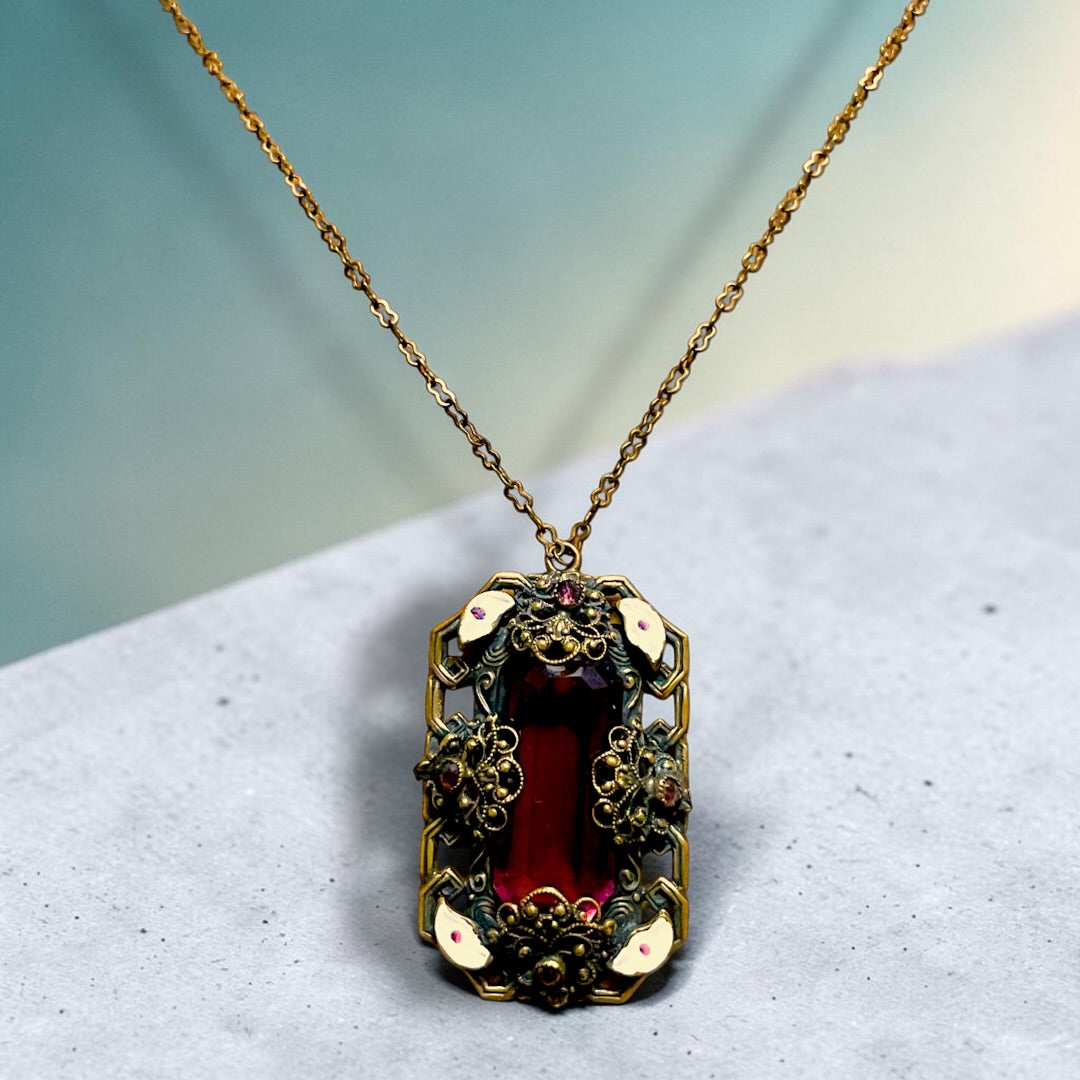 Art Nouveau Neiger Brothers Purple Crystal & Enamel Brass Filigree Necklace