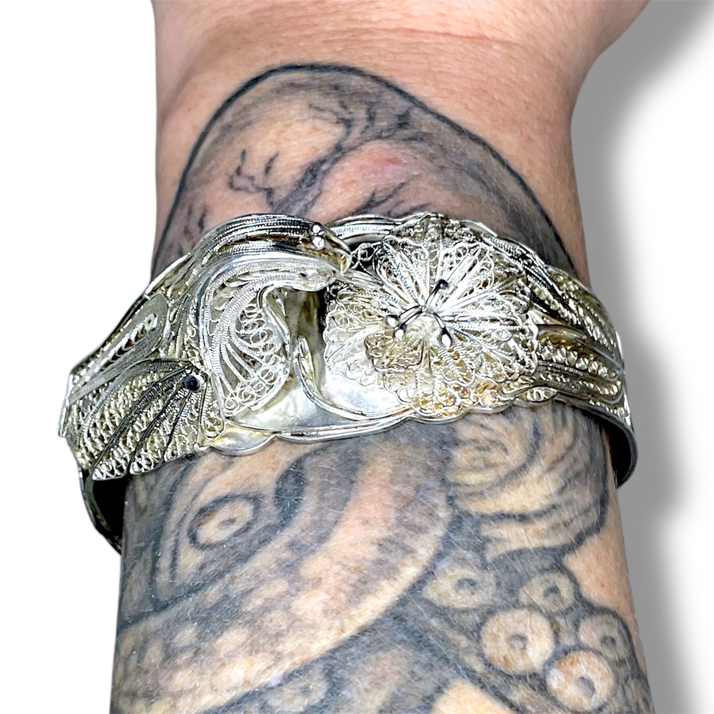 Incredible Sterling Filigree Peacock & Flower 3D Cuff Bracelet