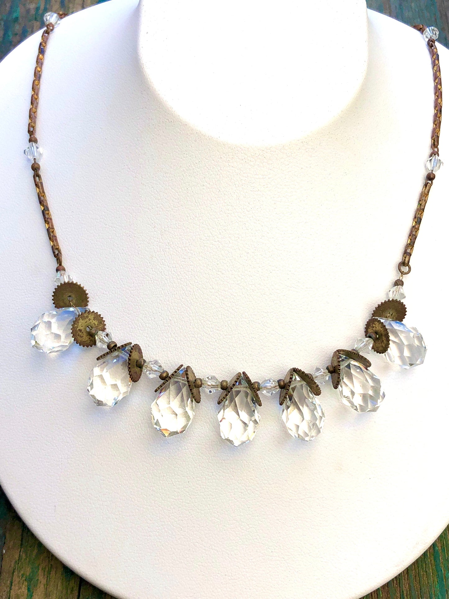Antique Victorian Faceted Quartz Gemstone Briolette Teardrop & Brass Sawblade Festoon Necklace