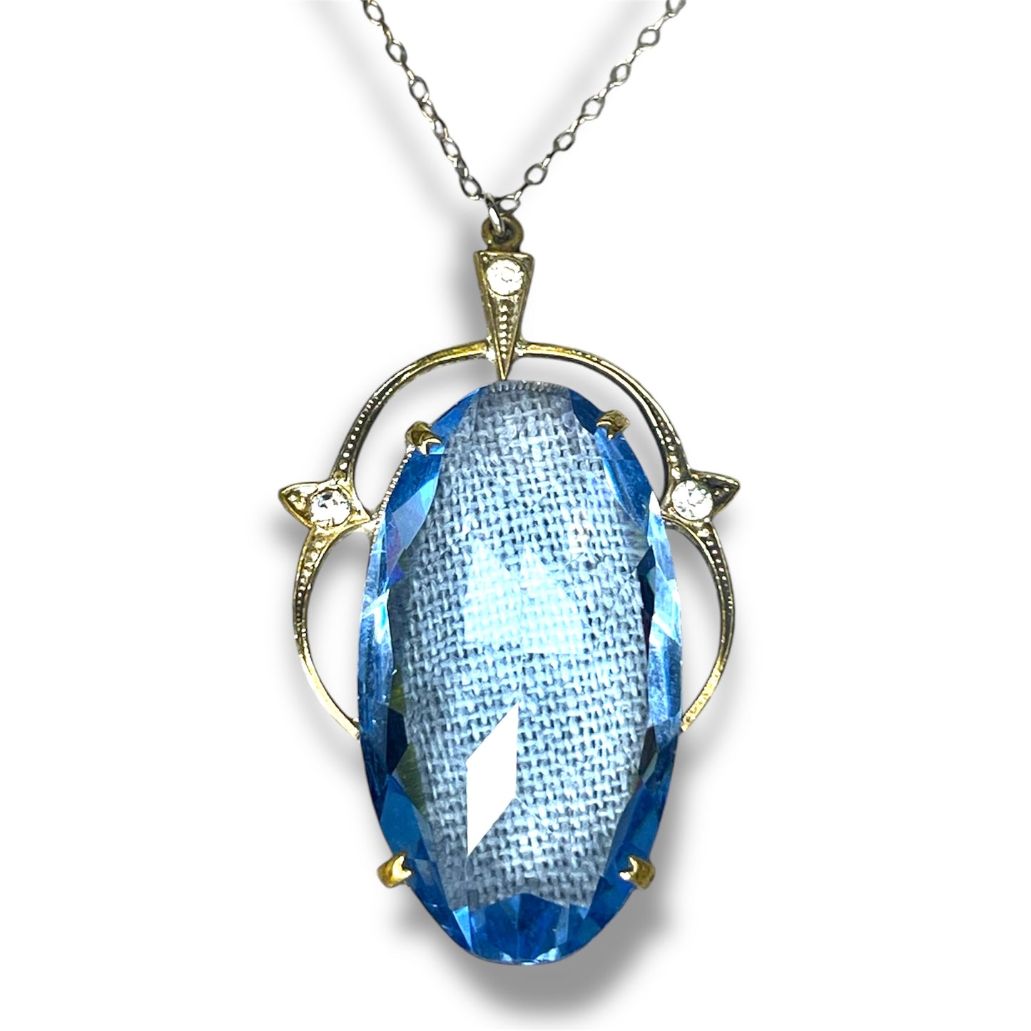 Czechoslovakian Aquamarine Blue Faceted Art Glass & Crystal Rhinestone Necklace