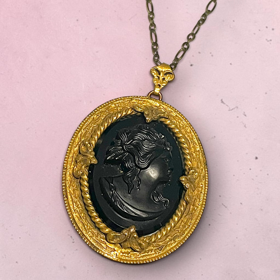 Victorian Gothic Black Art Glass Mourning Cameo Prong Set Pendant Necklace