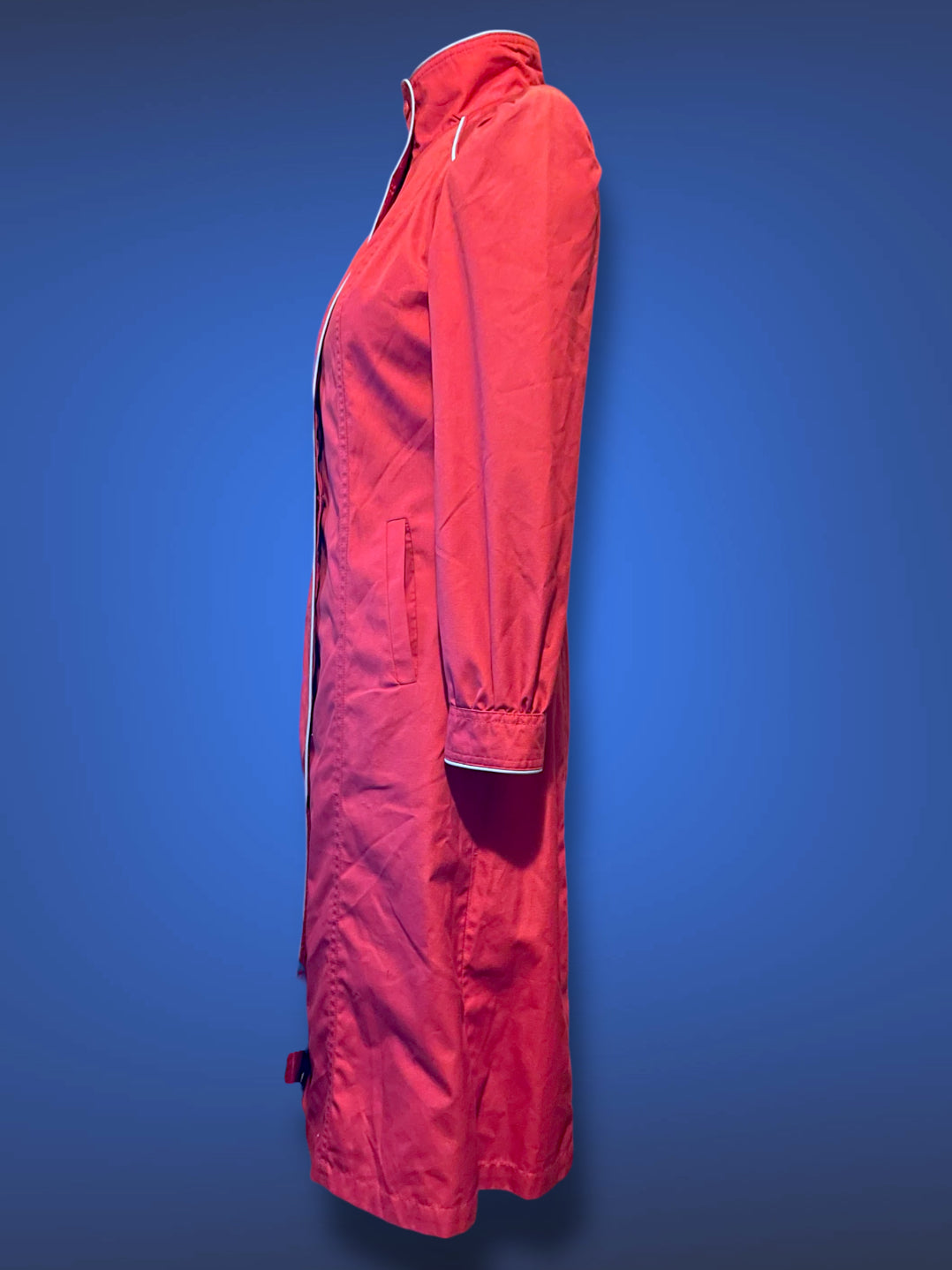 Vintage 1970’s Magenta Pink Long Trench Coat with Grey Piping Mod Detail