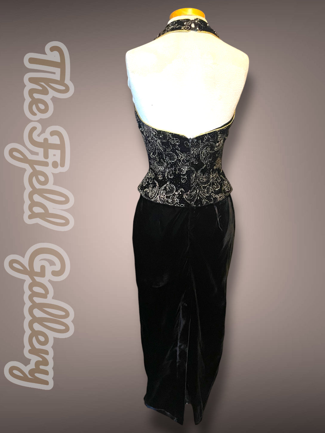 Vintage 1990’s Scott McLintock Black Velvet Maxi Pencil Halter Dress with Gold Glitter Damask Pattern