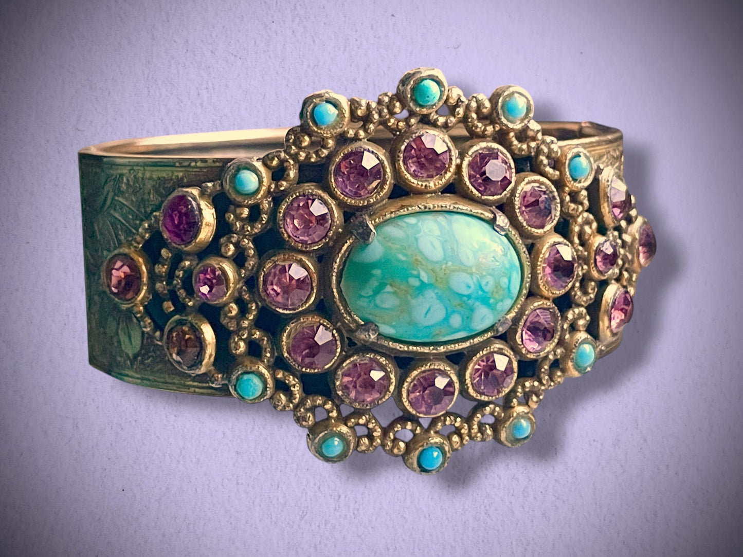 Czech Turquoise Hubble Art Glass & Purple Lilac Crystal Engraved Lilly Flower Brass Hinged Bangle Bracelet