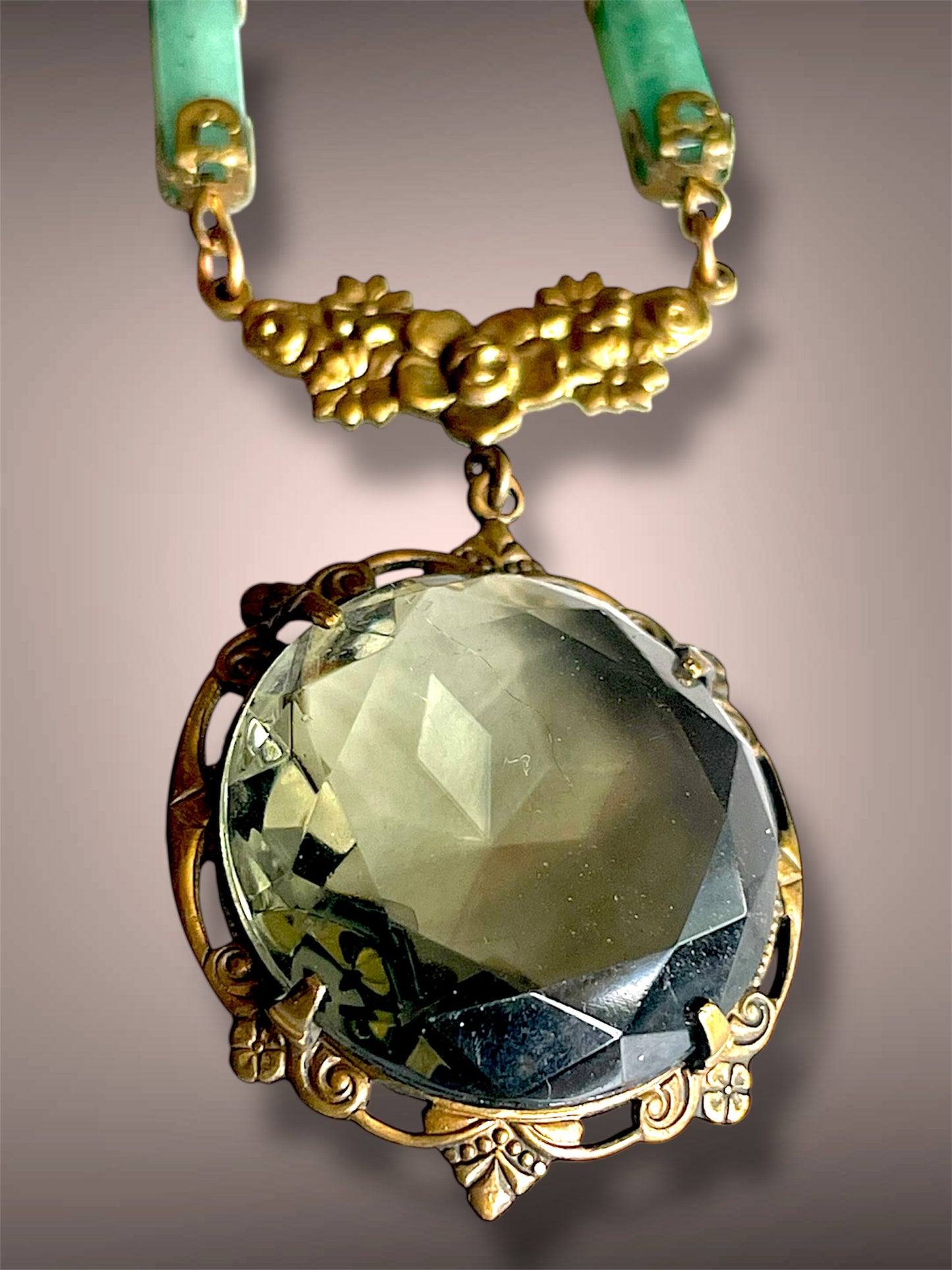 Gorgeous Antique Smokey Green Czech Art Glass Brass Floral Jade Gemstone Necklace