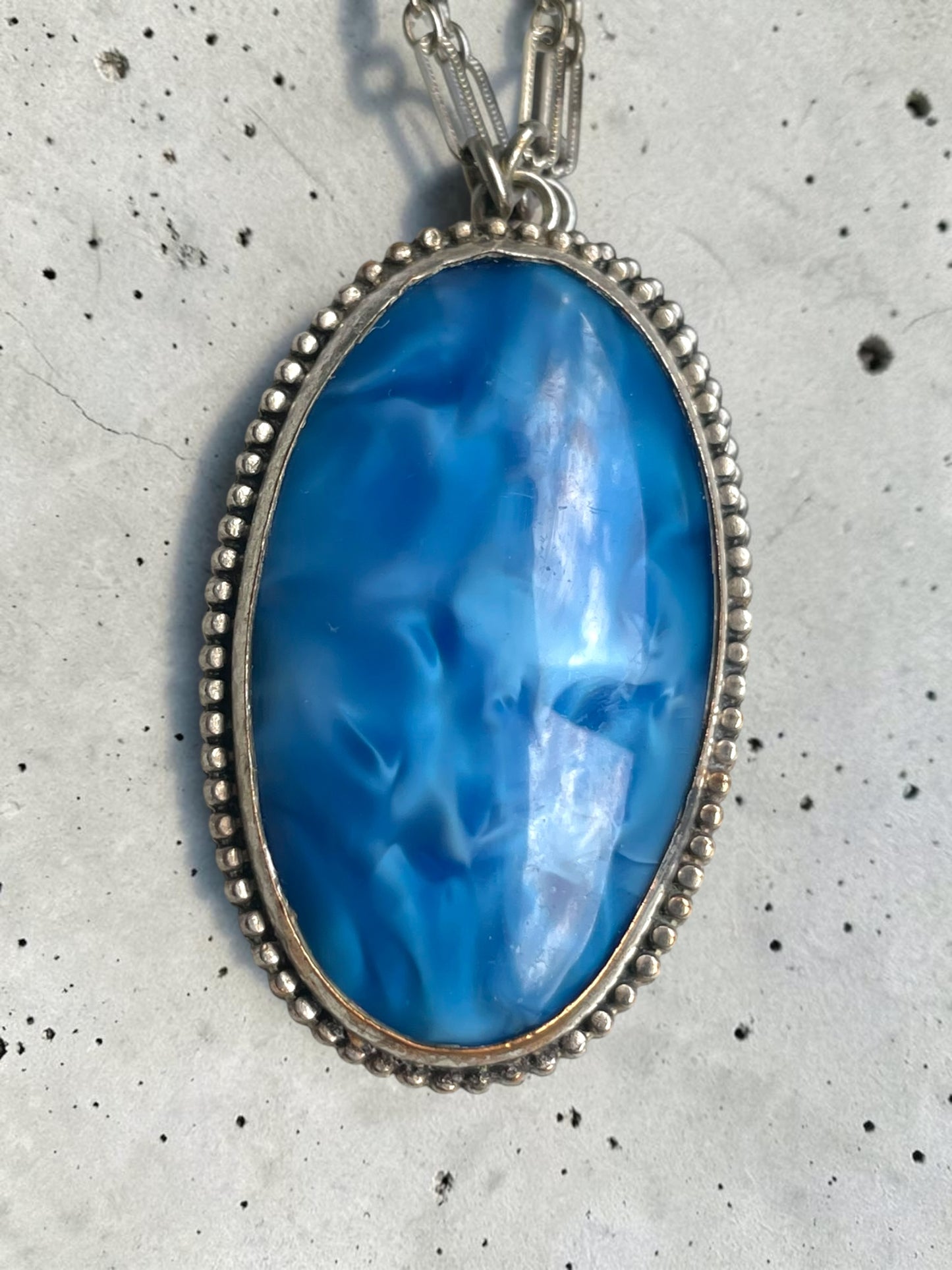 Art Deco Opalescent Blue Marble Art Glass Sterling Silver Chain Necklace