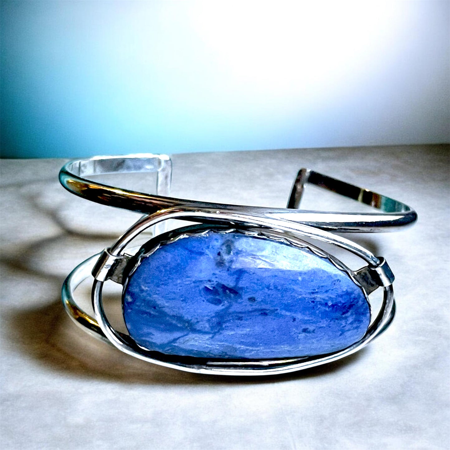 Antique Sterling Silver Sodalite Gemstone Free Bezel Set Chunky Cuff Bracelet