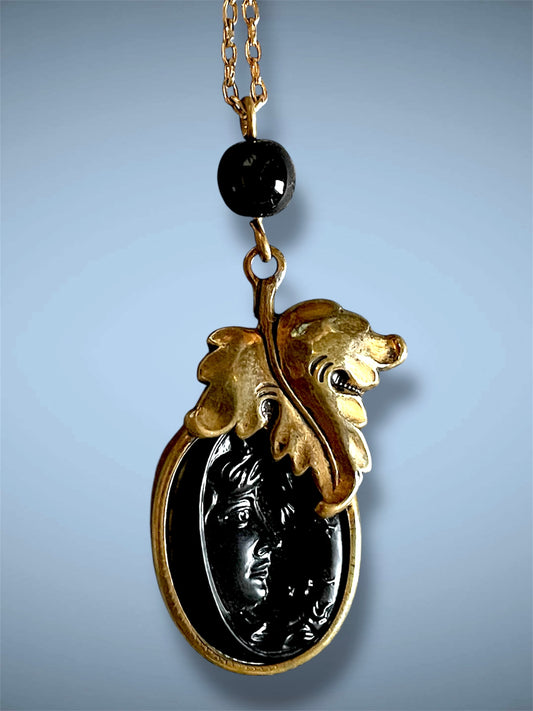 Vintage Pididdly Links Brass Art Nouveau Leaf Set Black Mourning Cameo Necklace