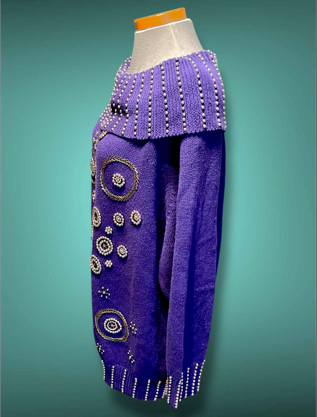 Vintage 1980’s Purple Oversized Boat Neck Sweater with Gold Bead Detail Design